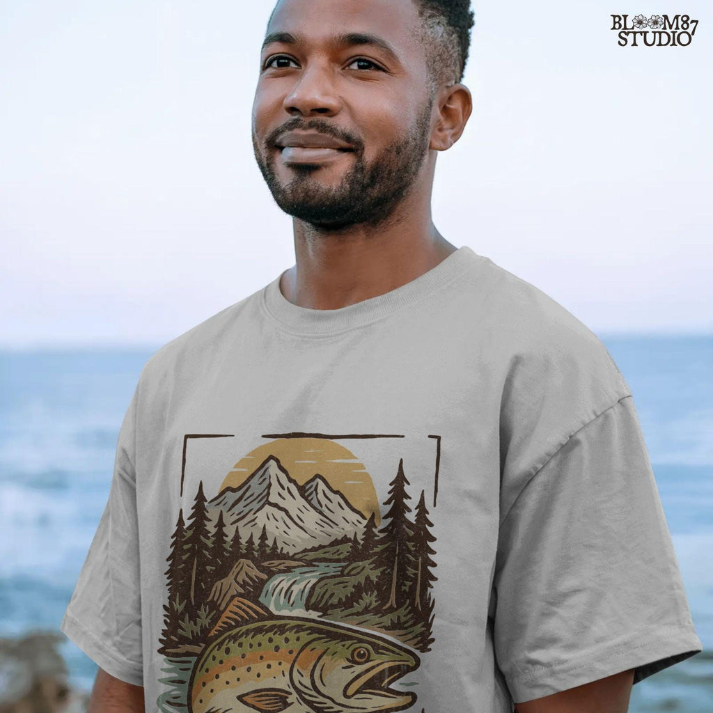 Colorful trout leaping in front of a scenic mountain river with pine trees and a waterfall at sunset, perfect for summer fishing designs.