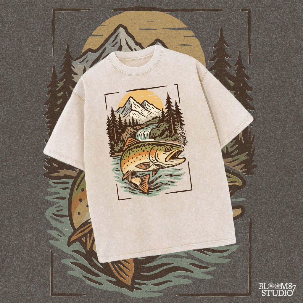 Colorful trout leaping in front of a scenic mountain river with pine trees and a waterfall at sunset, perfect for summer fishing designs.
