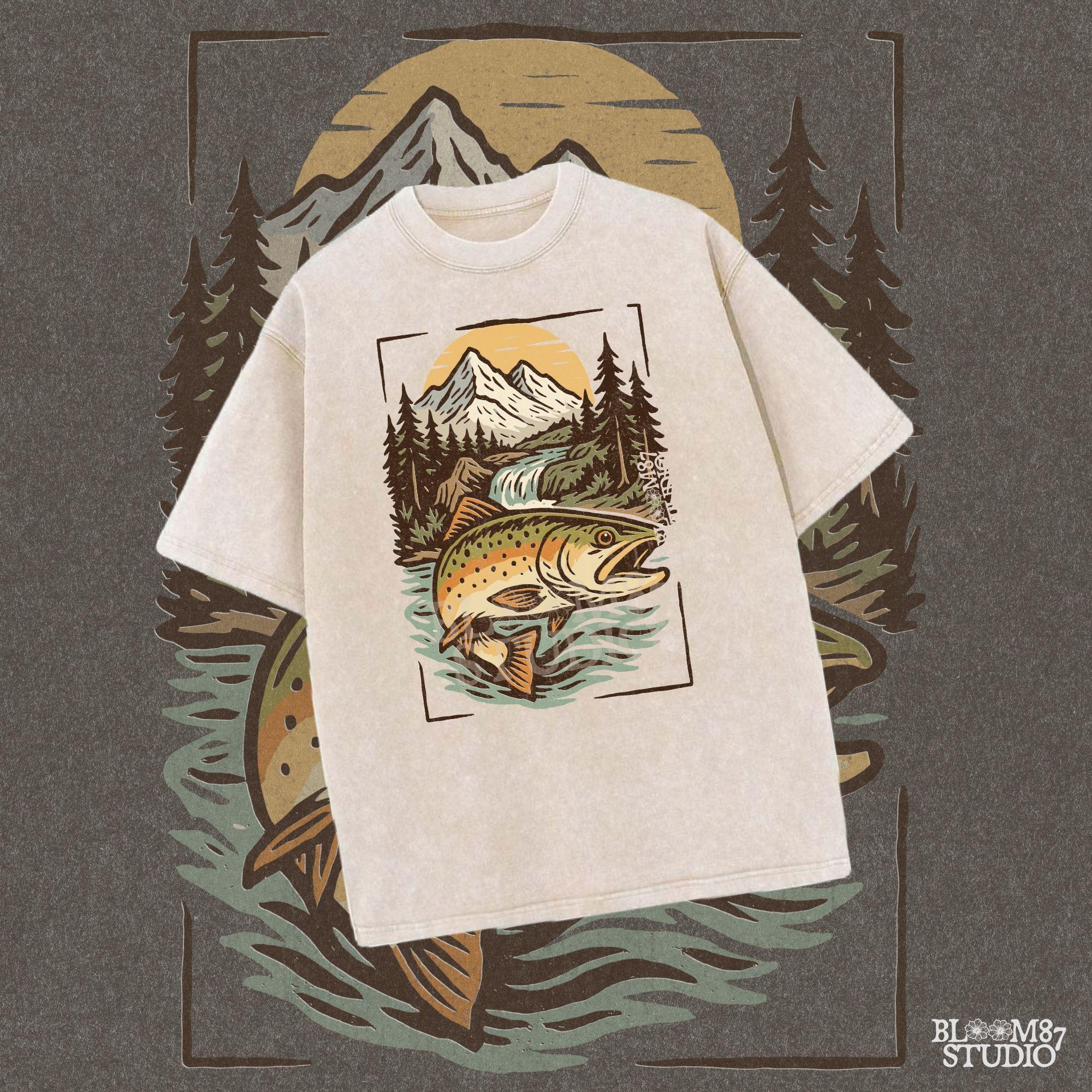 Colorful trout leaping in front of a scenic mountain river with pine trees and a waterfall at sunset, perfect for summer fishing designs.