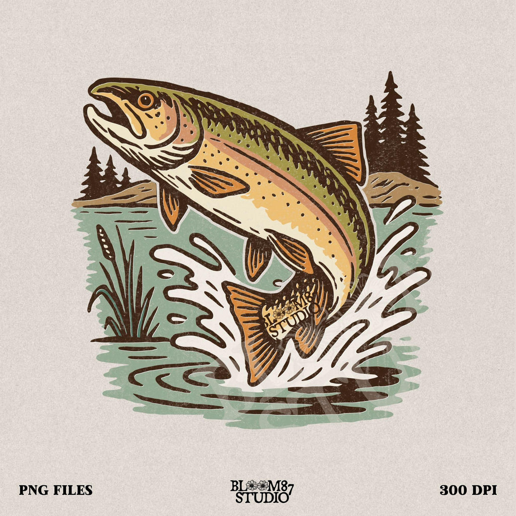 Illustrated trout leaping from the river surrounded by reeds and pine trees, perfect for summer fishing and outdoor adventure designs.