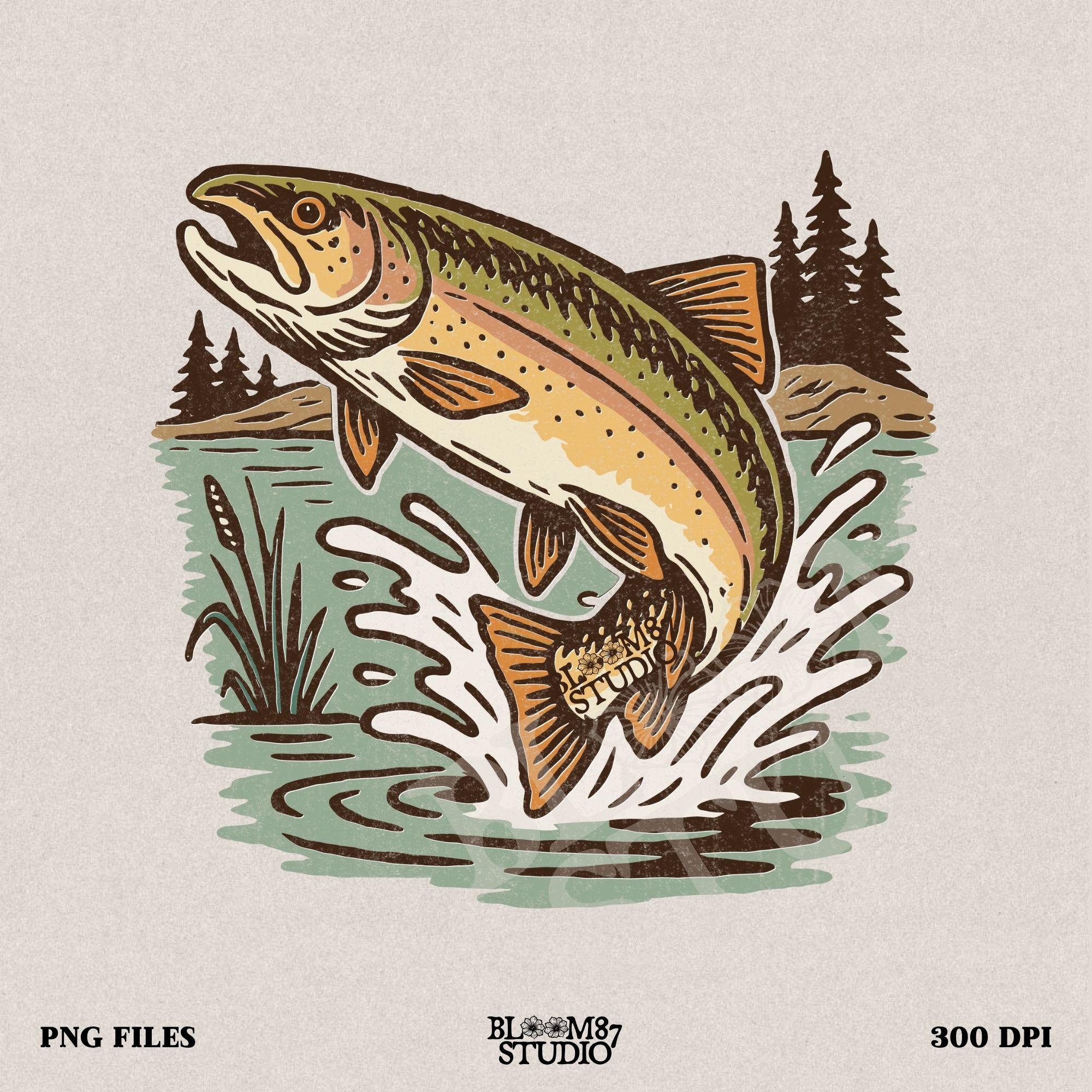 Illustrated trout leaping from the river surrounded by reeds and pine trees, perfect for summer fishing and outdoor adventure designs.