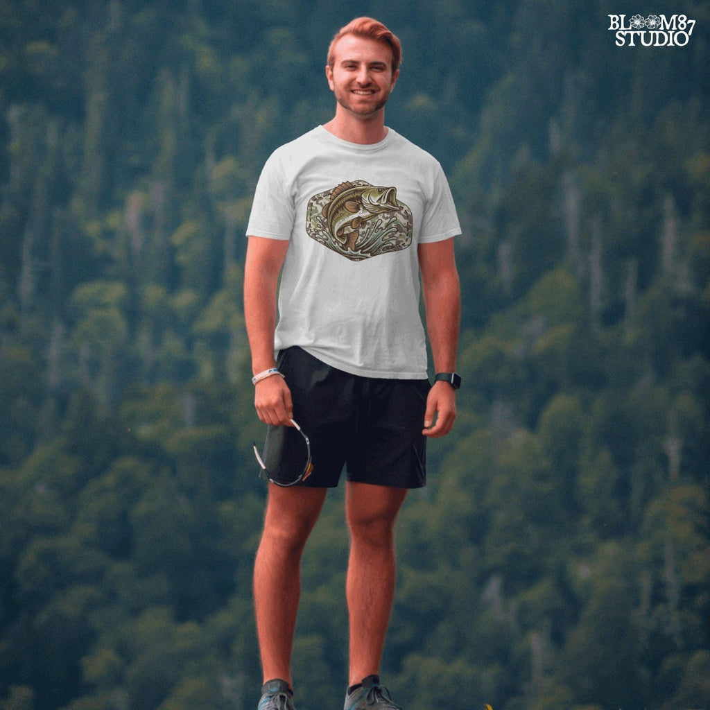 Jumping bass fish over camouflage background with splashing water, perfect for summer fishing and patriotic outdoor-themed designs.