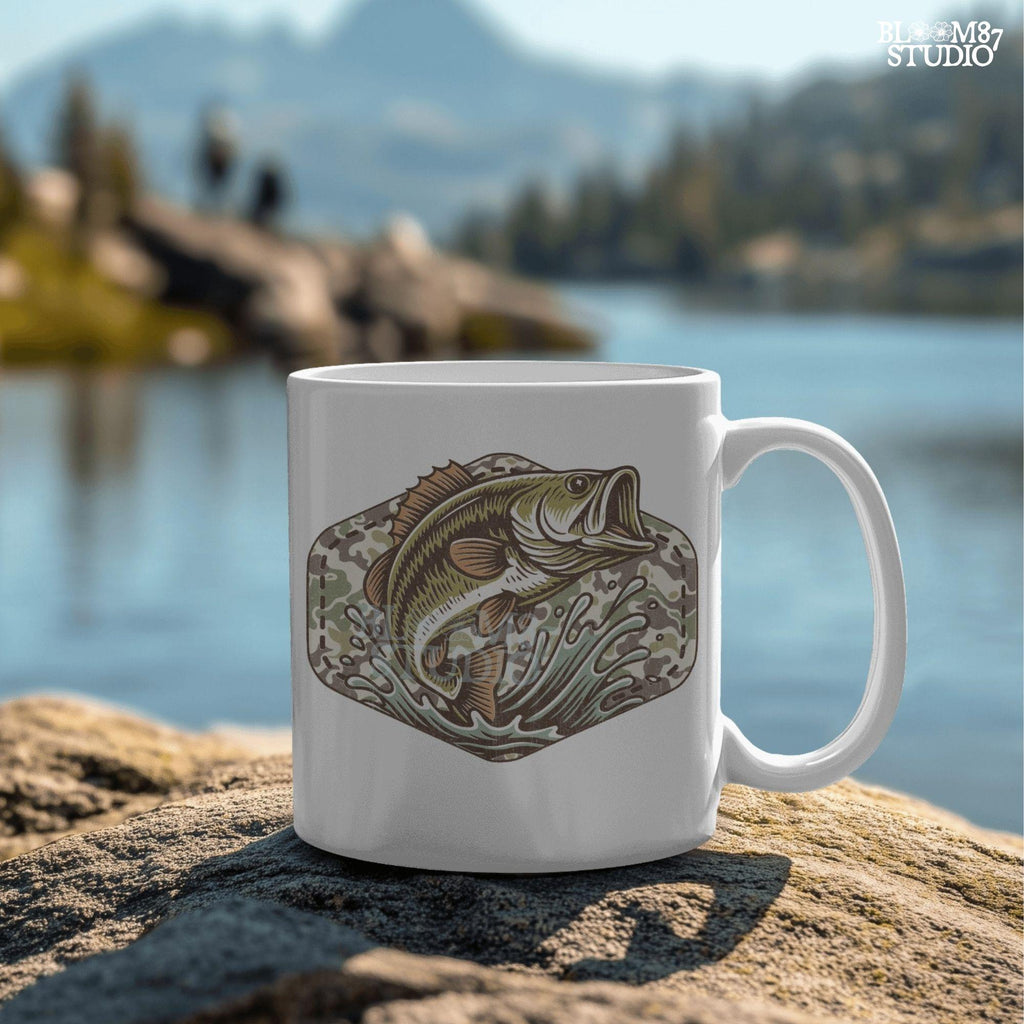 Jumping bass fish over camouflage background with splashing water, perfect for summer fishing and patriotic outdoor-themed designs.