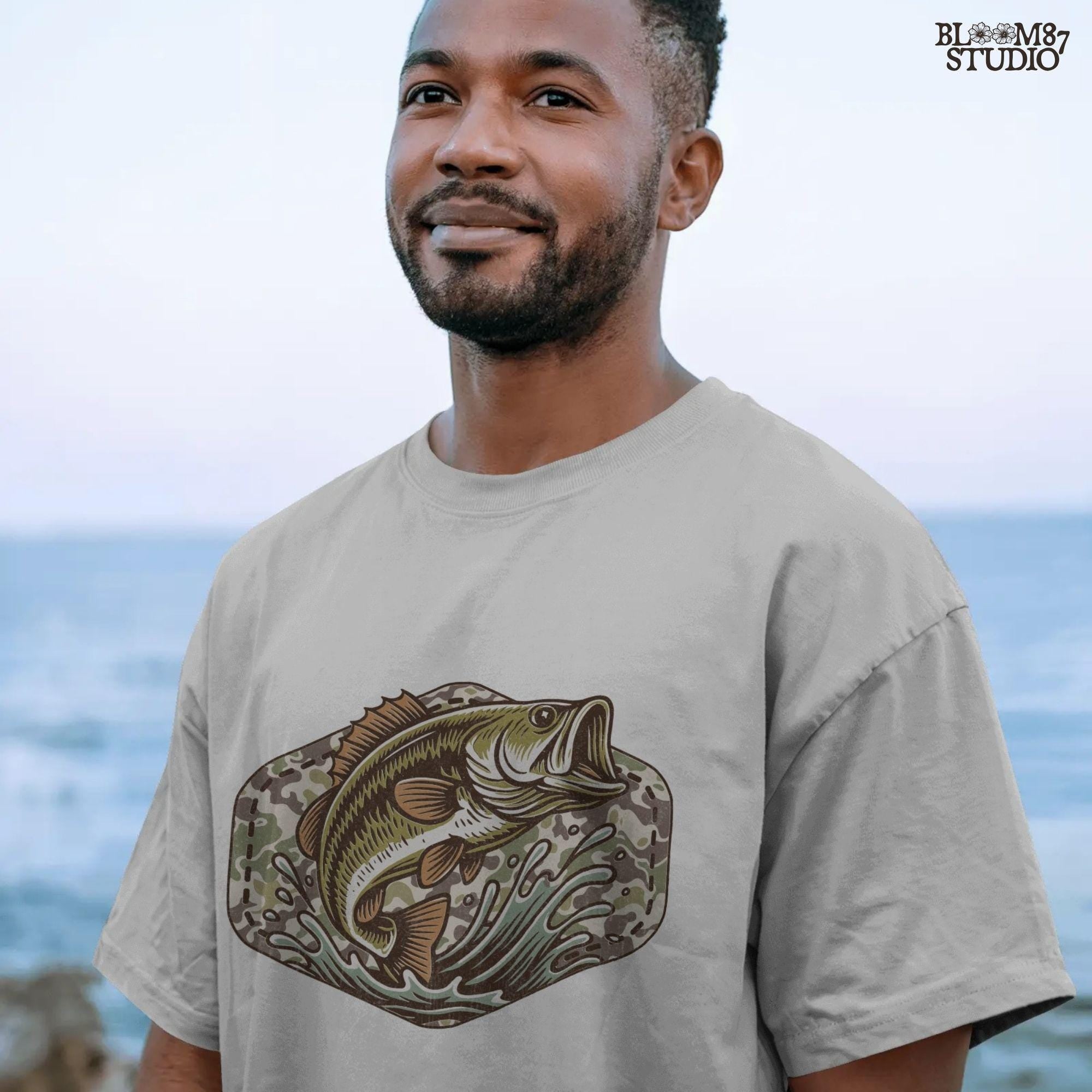 Jumping bass fish over camouflage background with splashing water, perfect for summer fishing and patriotic outdoor-themed designs.