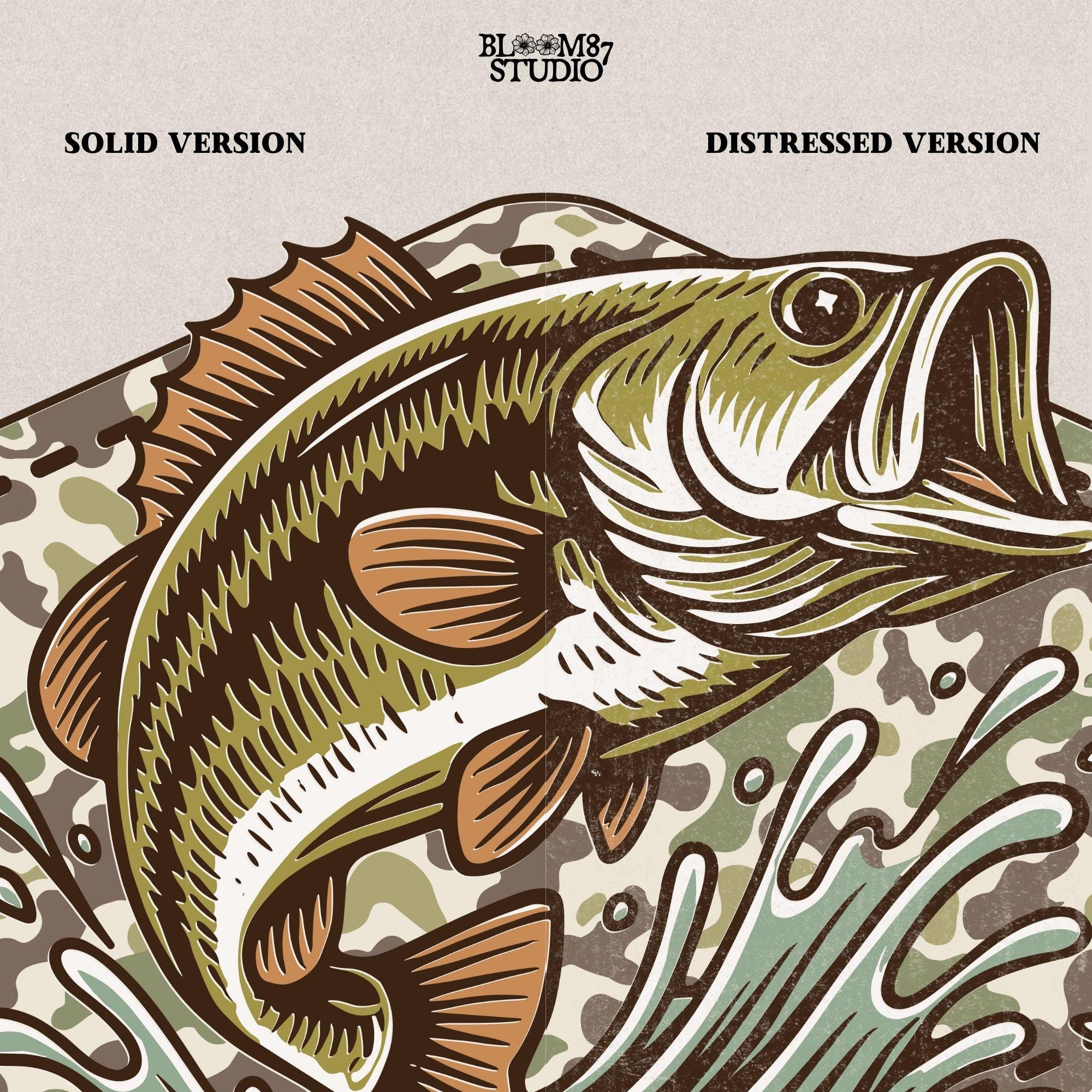 Jumping bass fish over camouflage background with splashing water, perfect for summer fishing and patriotic outdoor-themed designs.