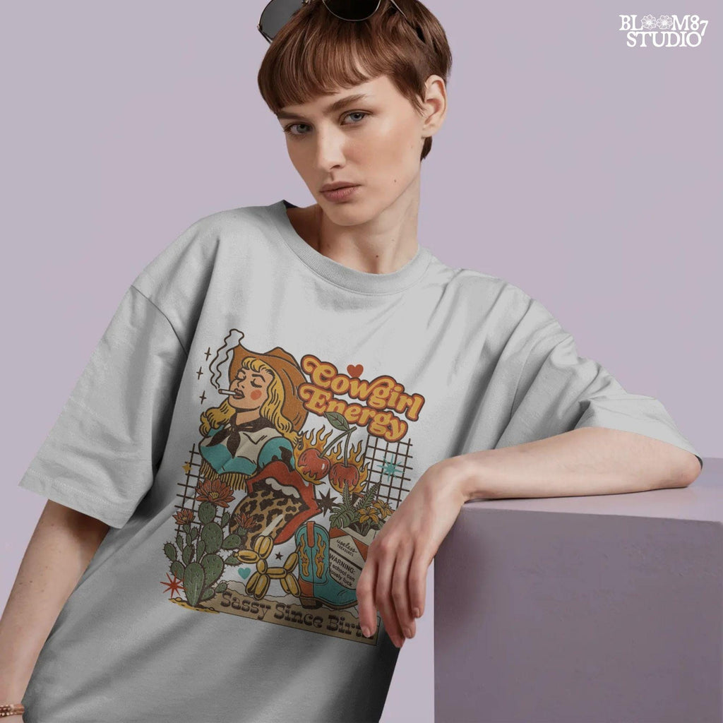 Retro cowgirl collage illustration with a blonde woman smoking, cowboy boots, cactus, leopard lips, cherries on fire, and wild western elements in bold vintage colors.