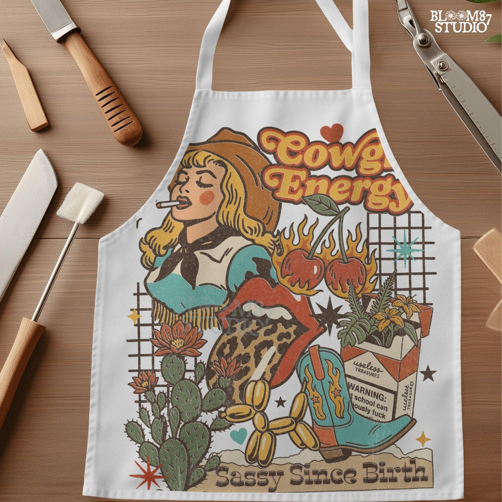 Retro cowgirl collage illustration with a blonde woman smoking, cowboy boots, cactus, leopard lips, cherries on fire, and wild western elements in bold vintage colors.