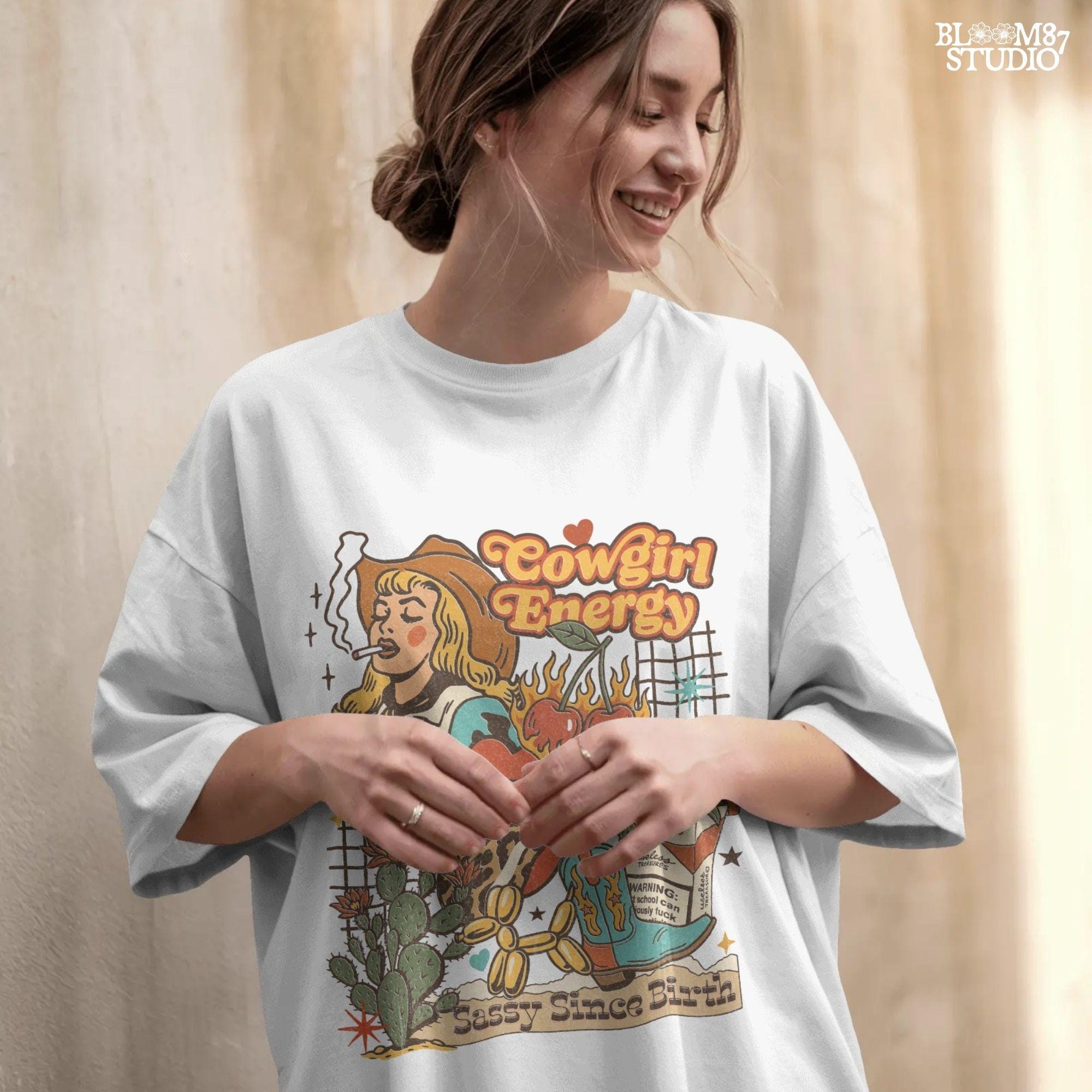 Retro cowgirl collage illustration with a blonde woman smoking, cowboy boots, cactus, leopard lips, cherries on fire, and wild western elements in bold vintage colors.