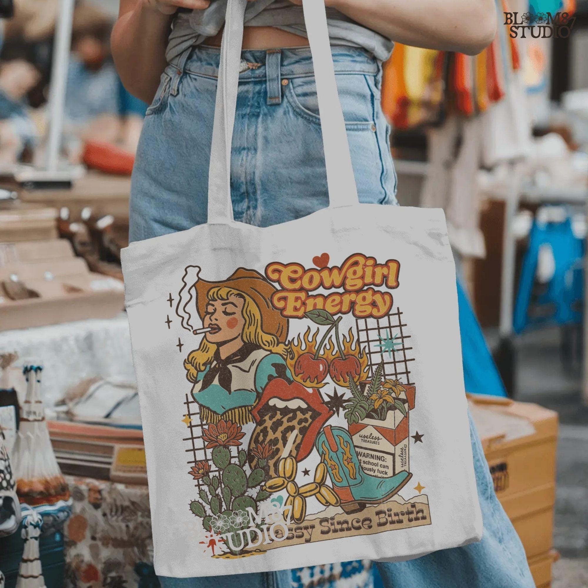 Retro cowgirl collage illustration with a blonde woman smoking, cowboy boots, cactus, leopard lips, cherries on fire, and wild western elements in bold vintage colors.