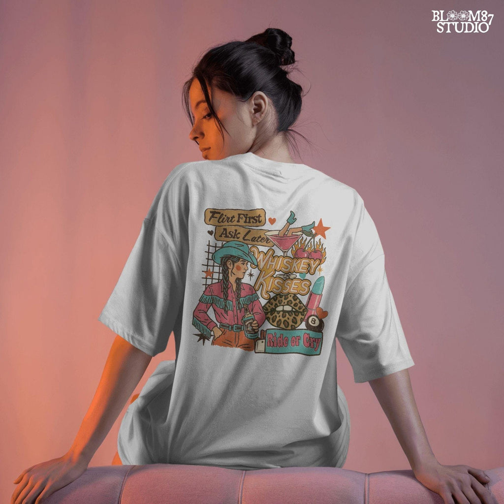 Colorful western collage of a sassy cowgirl with braids holding whiskey, surrounded by cherries, lipstick, leopard lips, and retro text quotes.