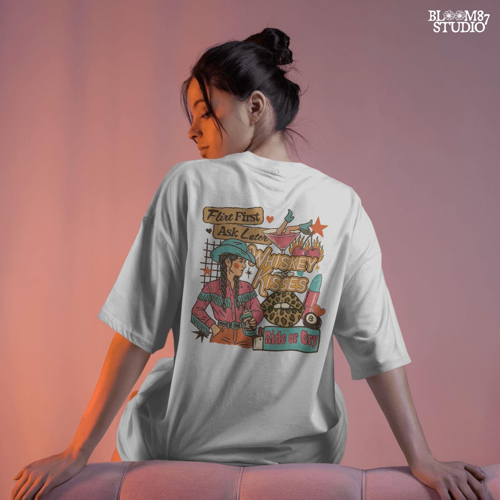 Colorful western collage of a sassy cowgirl with braids holding whiskey, surrounded by cherries, lipstick, leopard lips, and retro text quotes.