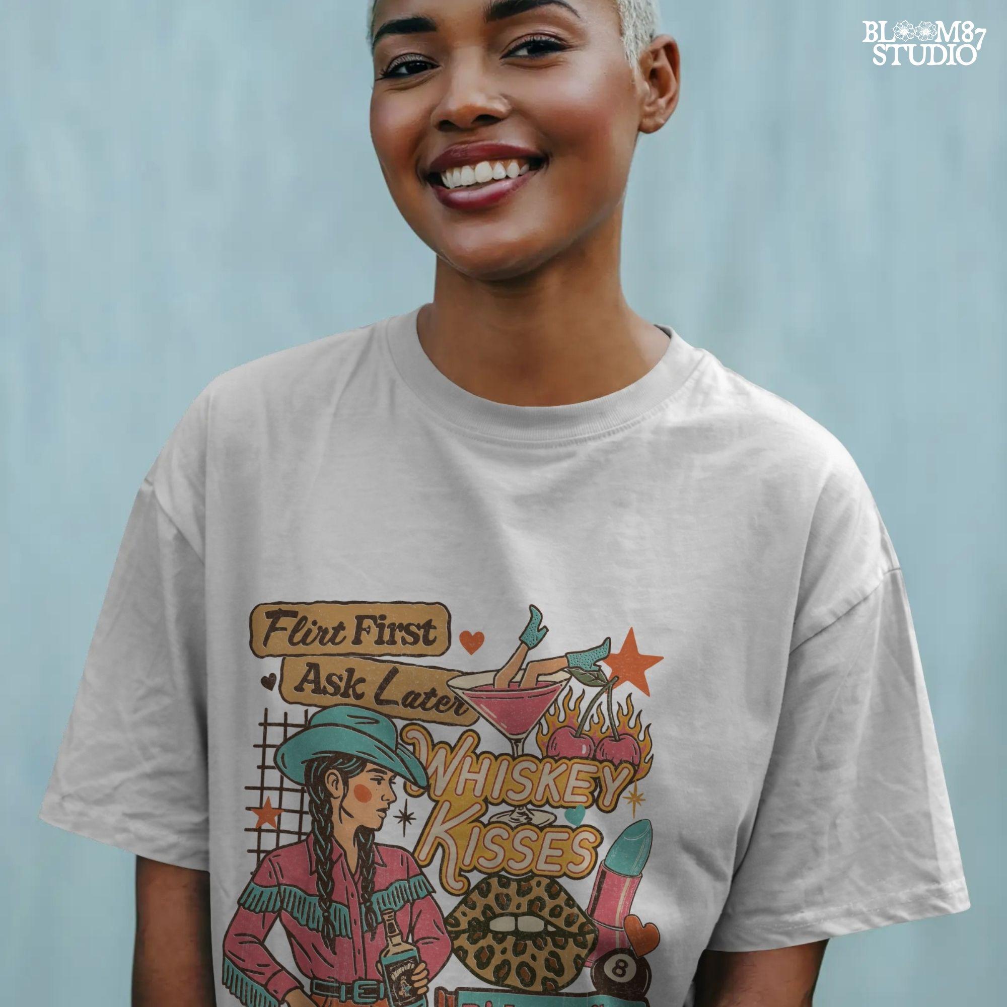 Colorful western collage of a sassy cowgirl with braids holding whiskey, surrounded by cherries, lipstick, leopard lips, and retro text quotes.