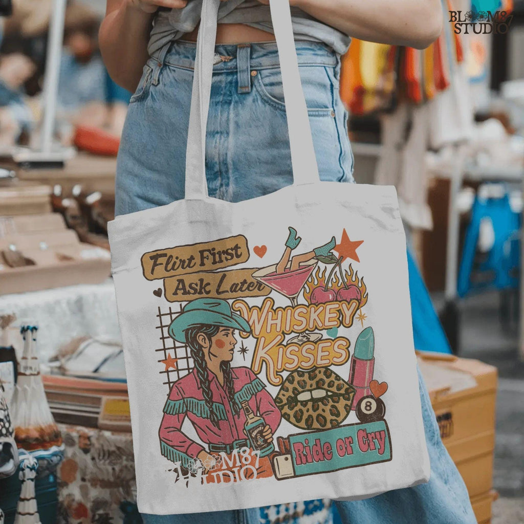 Colorful western collage of a sassy cowgirl with braids holding whiskey, surrounded by cherries, lipstick, leopard lips, and retro text quotes.