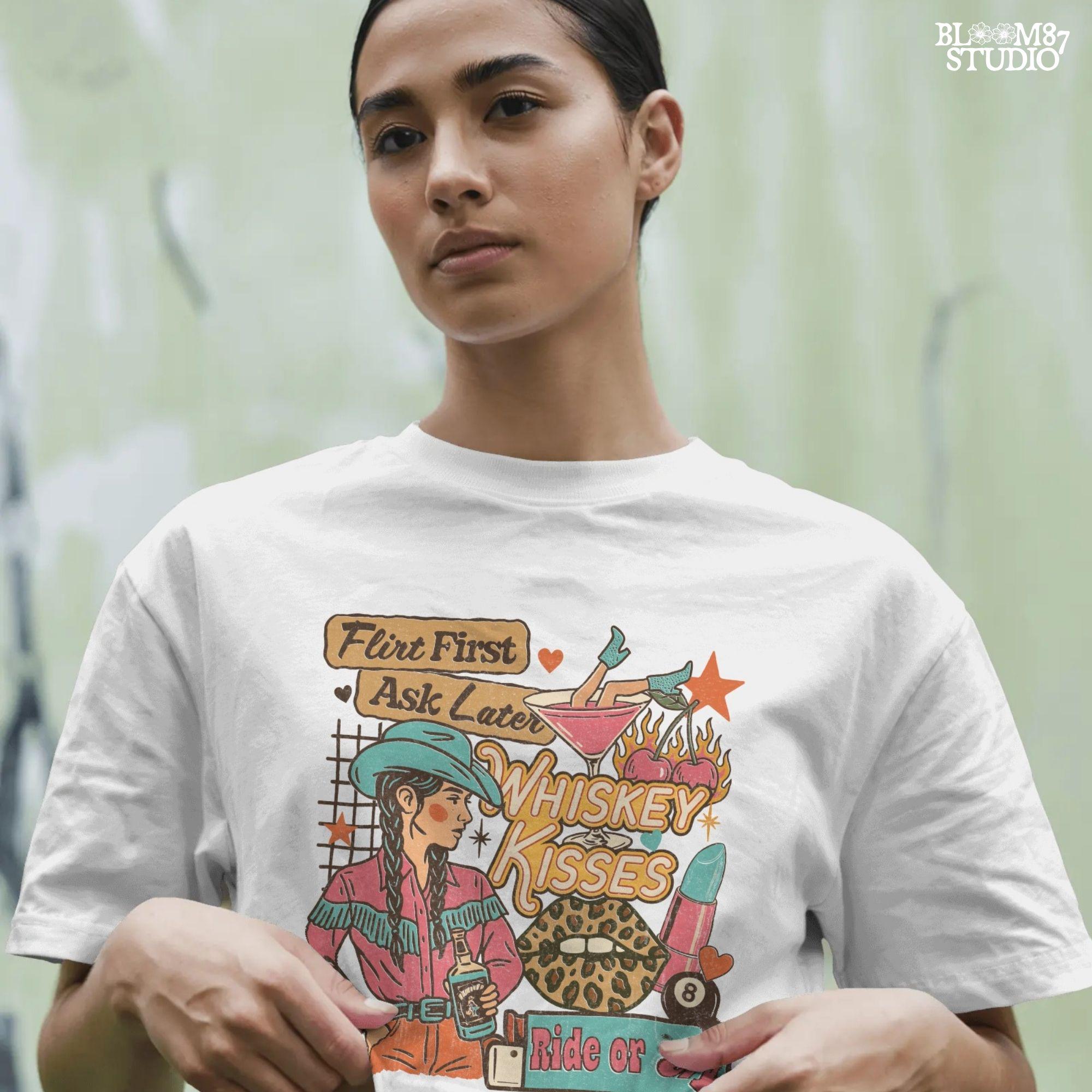 Colorful western collage of a sassy cowgirl with braids holding whiskey, surrounded by cherries, lipstick, leopard lips, and retro text quotes.