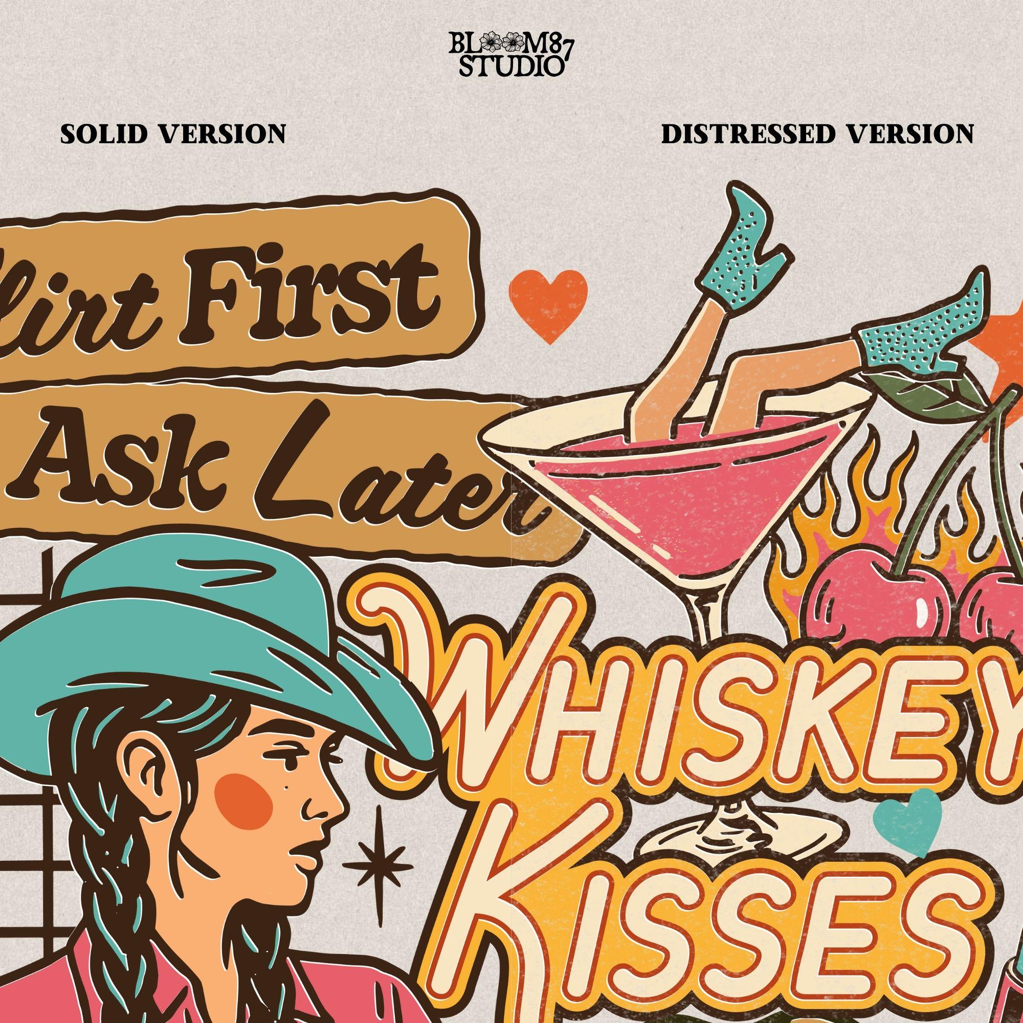 Colorful western collage of a sassy cowgirl with braids holding whiskey, surrounded by cherries, lipstick, leopard lips, and retro text quotes.