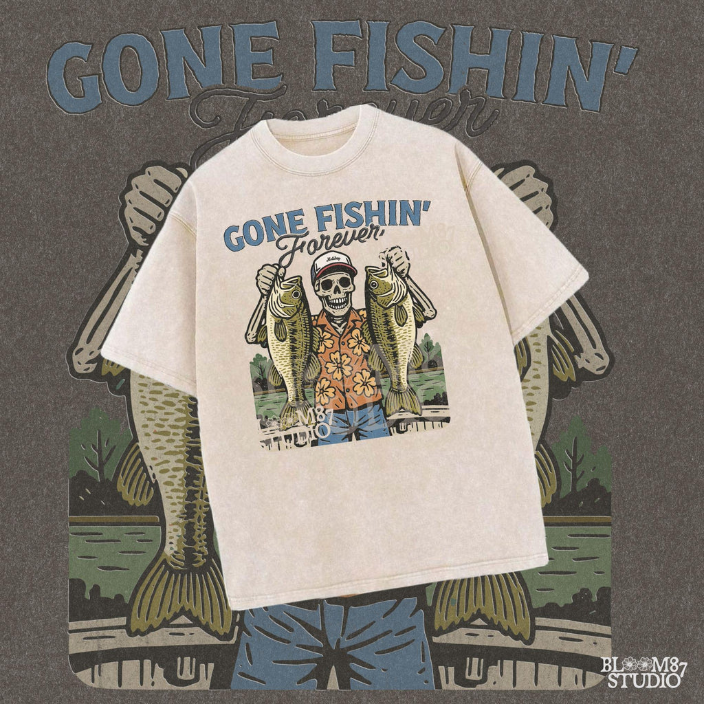 A skeleton wearing a red cap and orange floral shirt stands on a dock holding two large bass fish with the words “Gone Fishin’ Forever” above.
