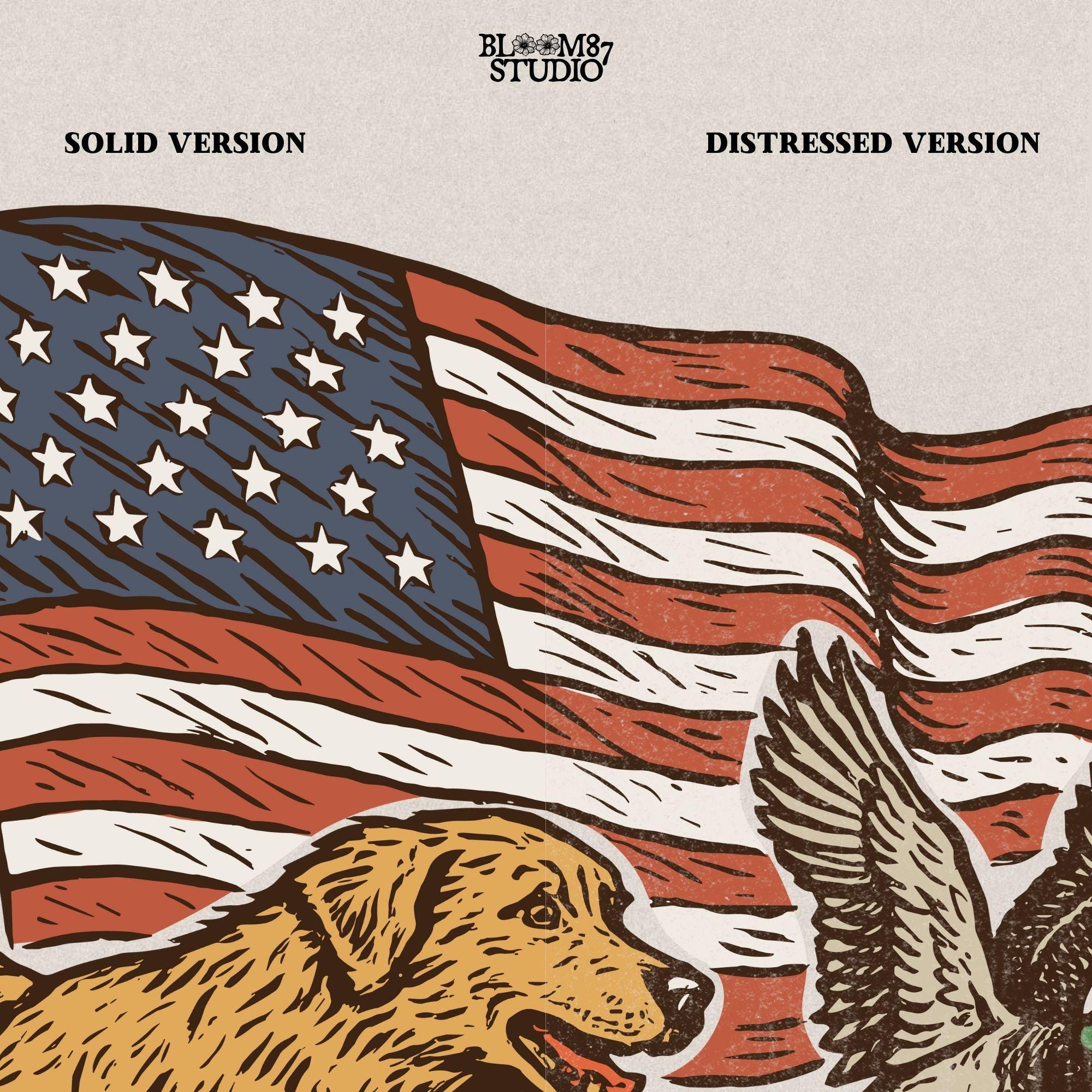 A yellow Labrador retriever splashing in water next to a flying duck, with a waving American flag in the background.