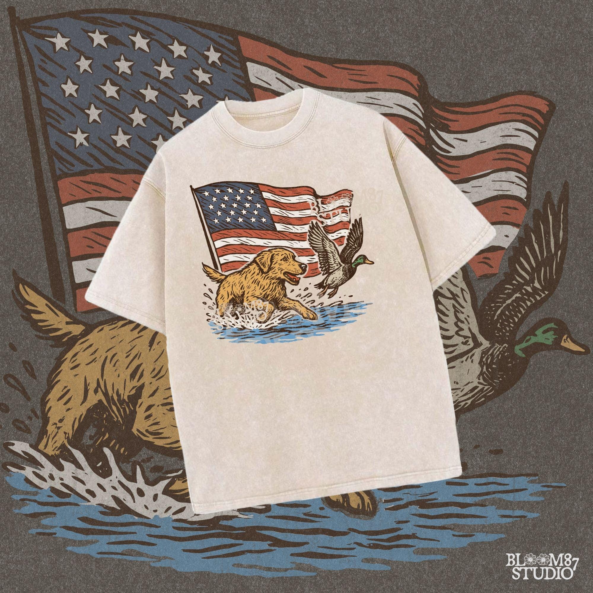 A yellow Labrador retriever splashing in water next to a flying duck, with a waving American flag in the background.