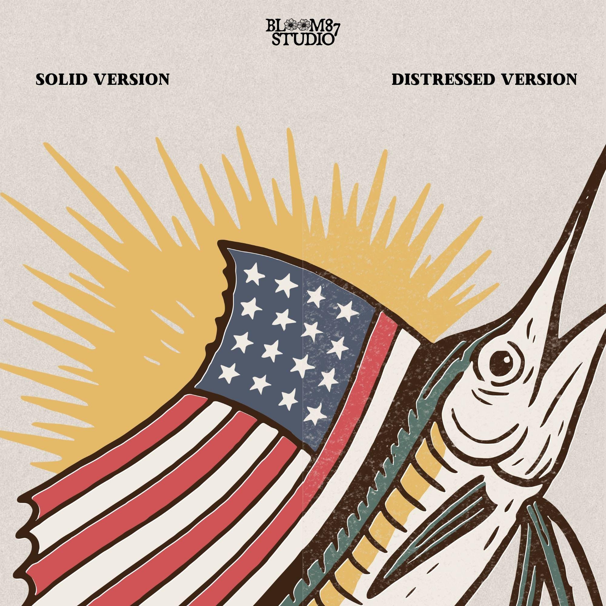 A jumping marlin with a large sail shaped like the American flag, splashing out of the ocean with sun rays in the background.