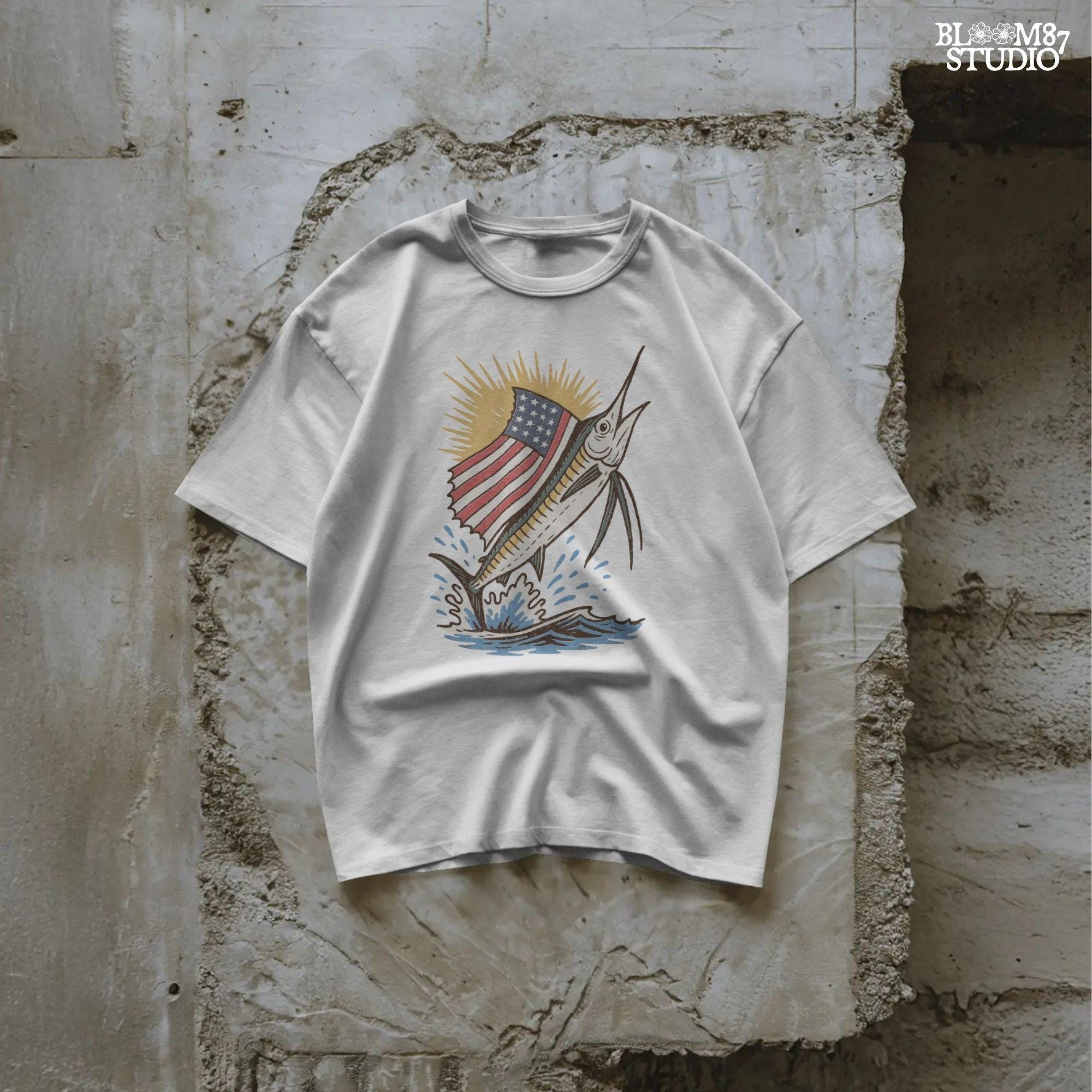 A jumping marlin with a large sail shaped like the American flag, splashing out of the ocean with sun rays in the background.