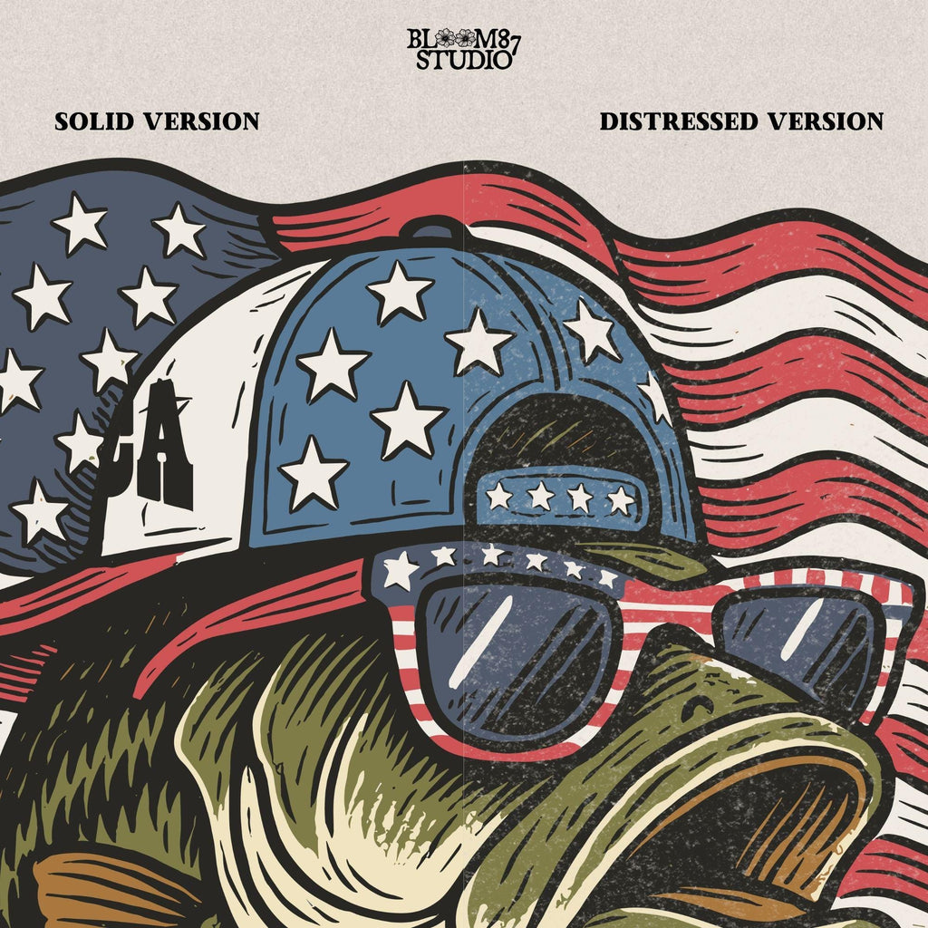 Patriotic cartoon largemouth bass wearing USA sunglasses and a hat in front of the American flag, with the text “American Hooker”.
