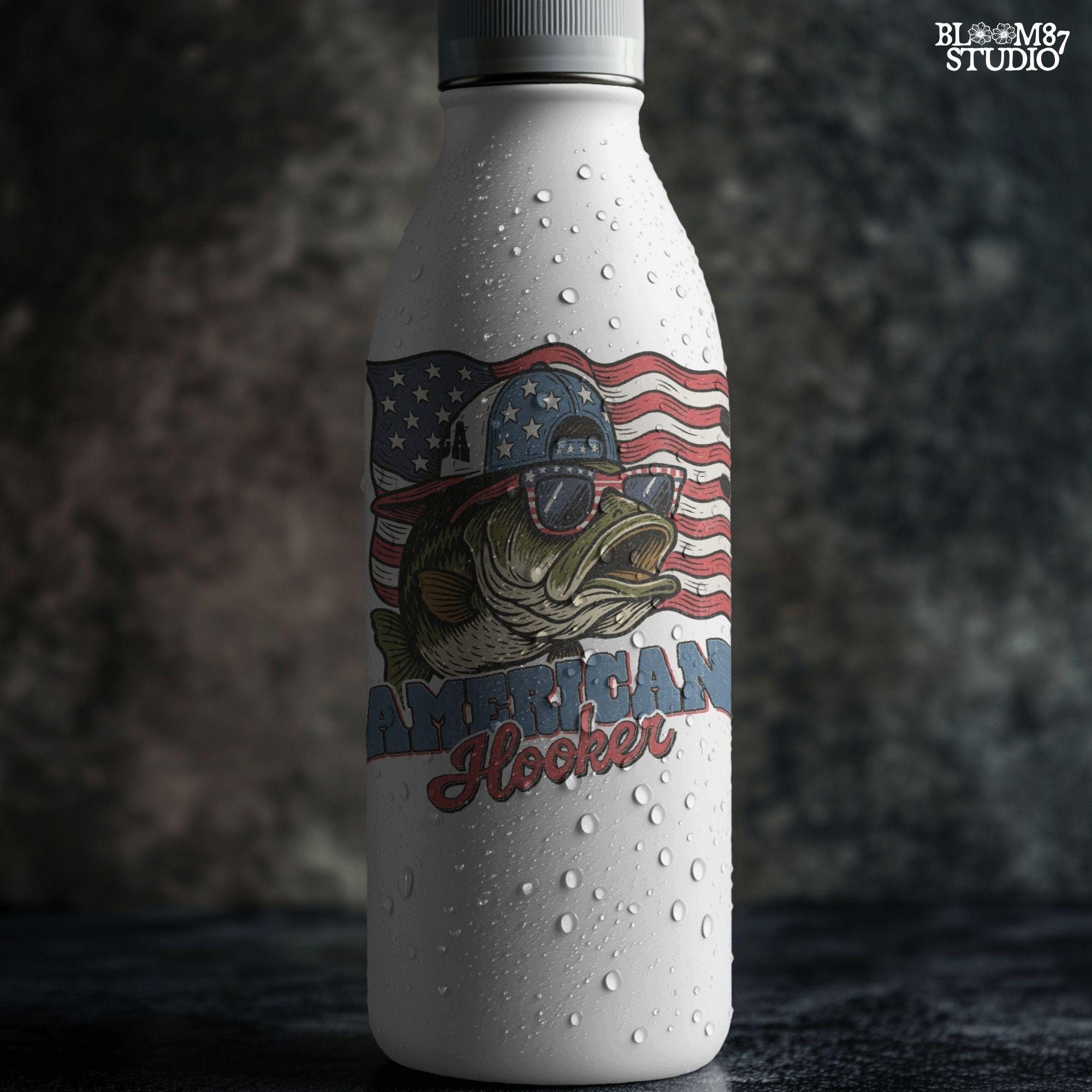 Patriotic cartoon largemouth bass wearing USA sunglasses and a hat in front of the American flag, with the text “American Hooker”.