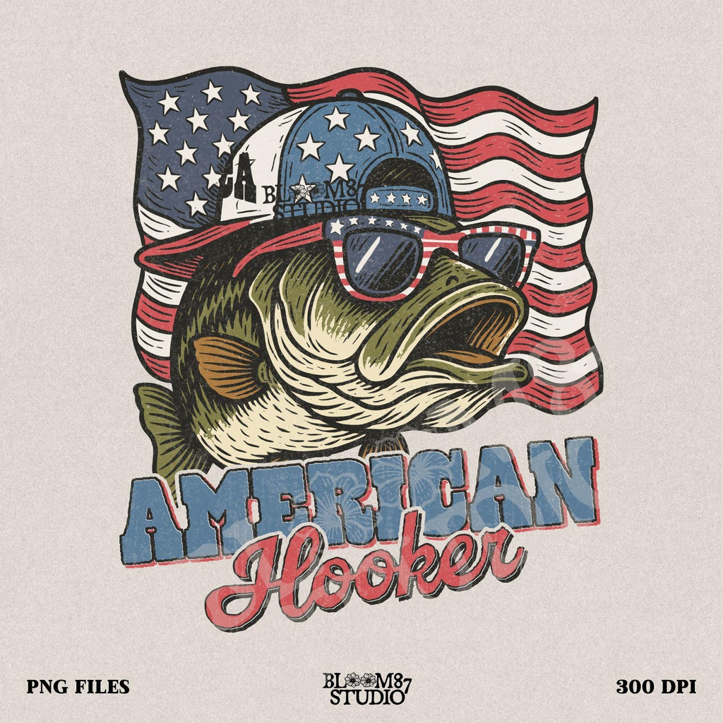 Patriotic cartoon largemouth bass wearing USA sunglasses and a hat in front of the American flag, with the text “American Hooker”.