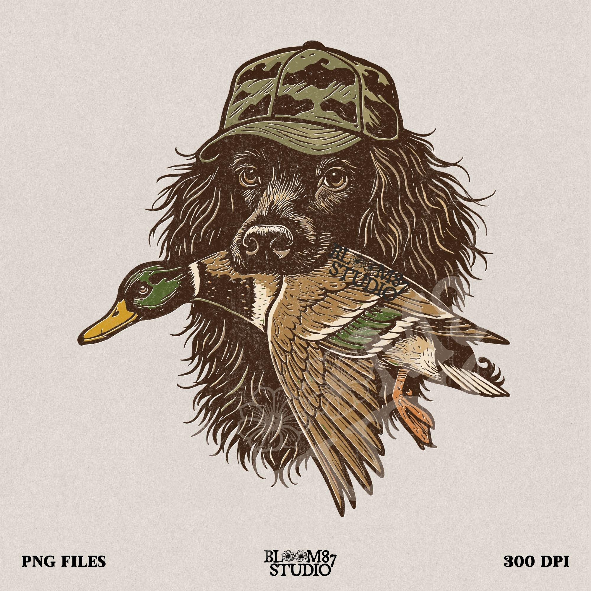Realistic retriever dog wearing a camo hat and holding a mallard duck in its mouth, detailed illustration in earthy tones.