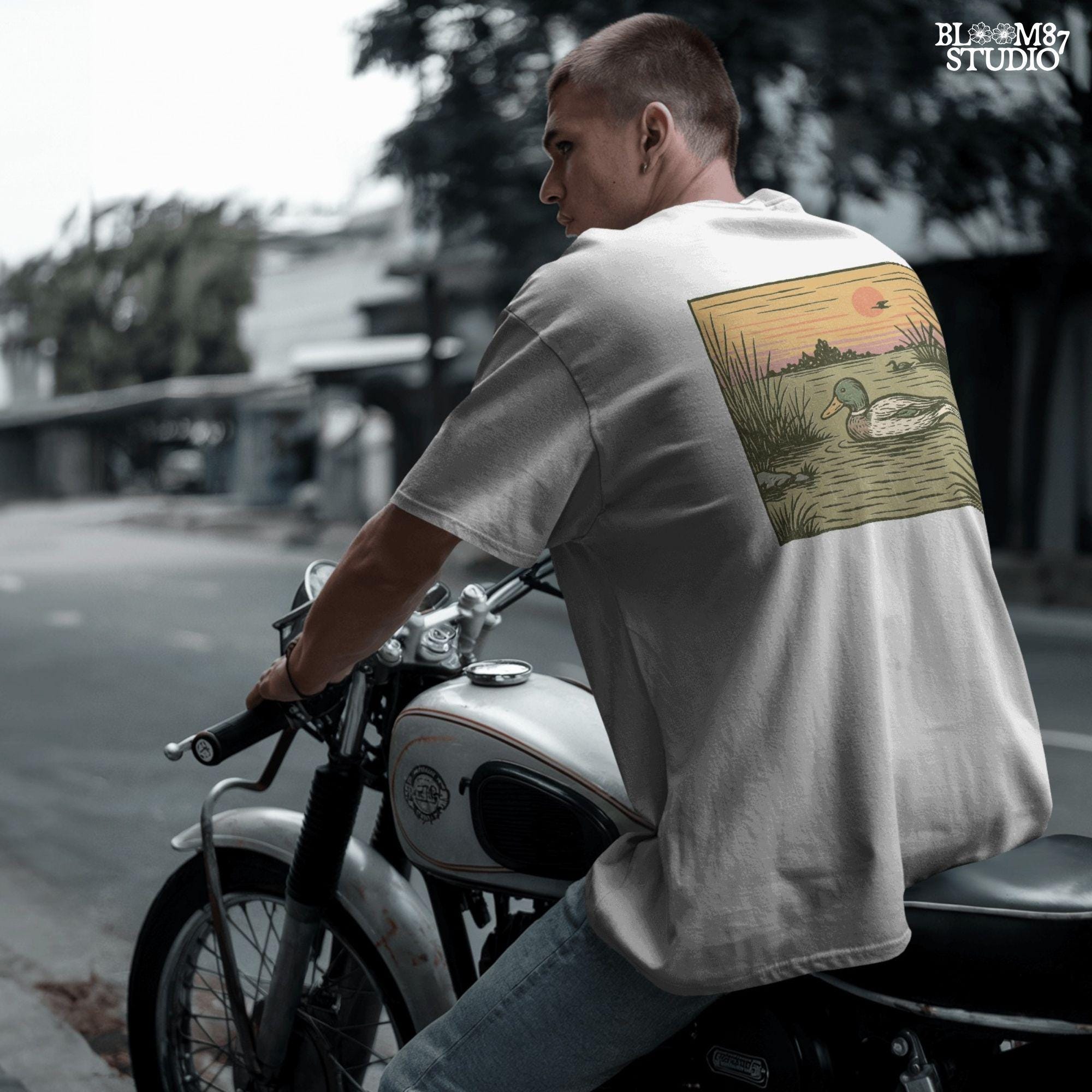 Illustration of a mallard duck swimming in a quiet pond at sunset, surrounded by reeds and a peaceful landscape in warm fall tones.