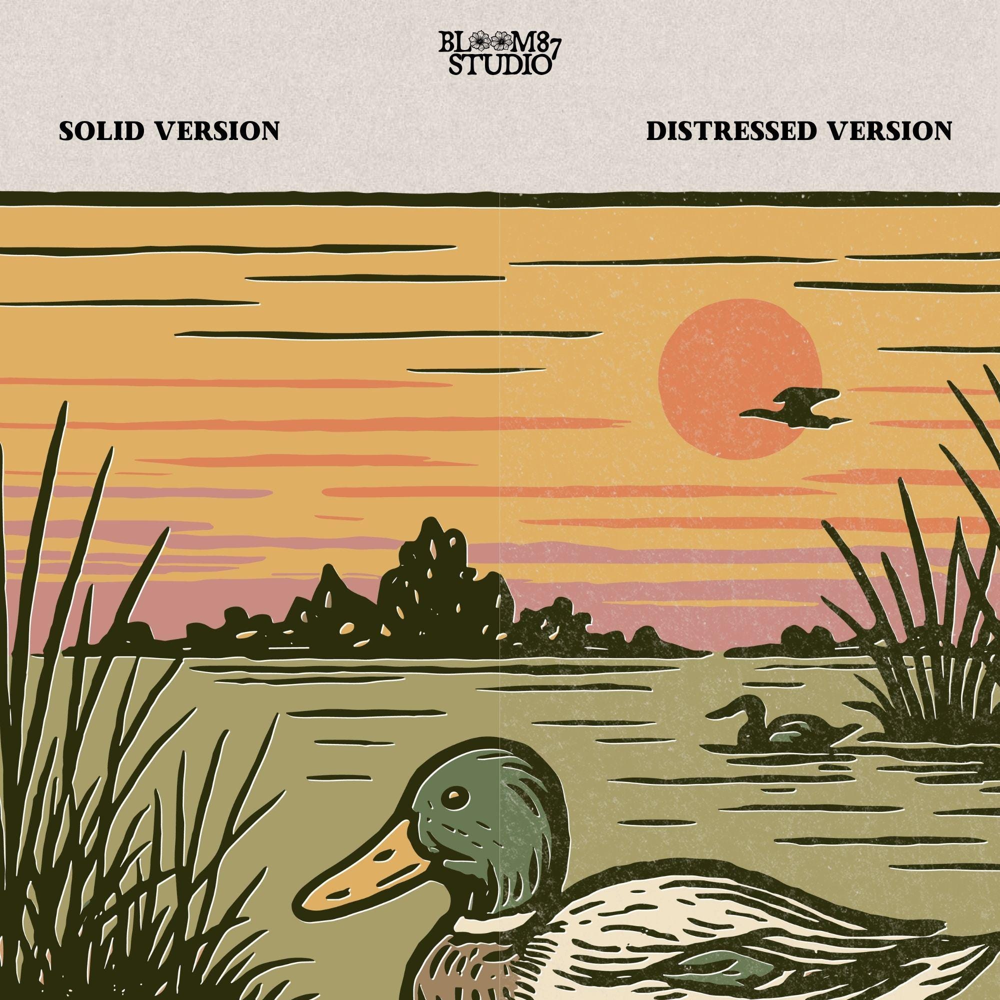 Illustration of a mallard duck swimming in a quiet pond at sunset, surrounded by reeds and a peaceful landscape in warm fall tones.