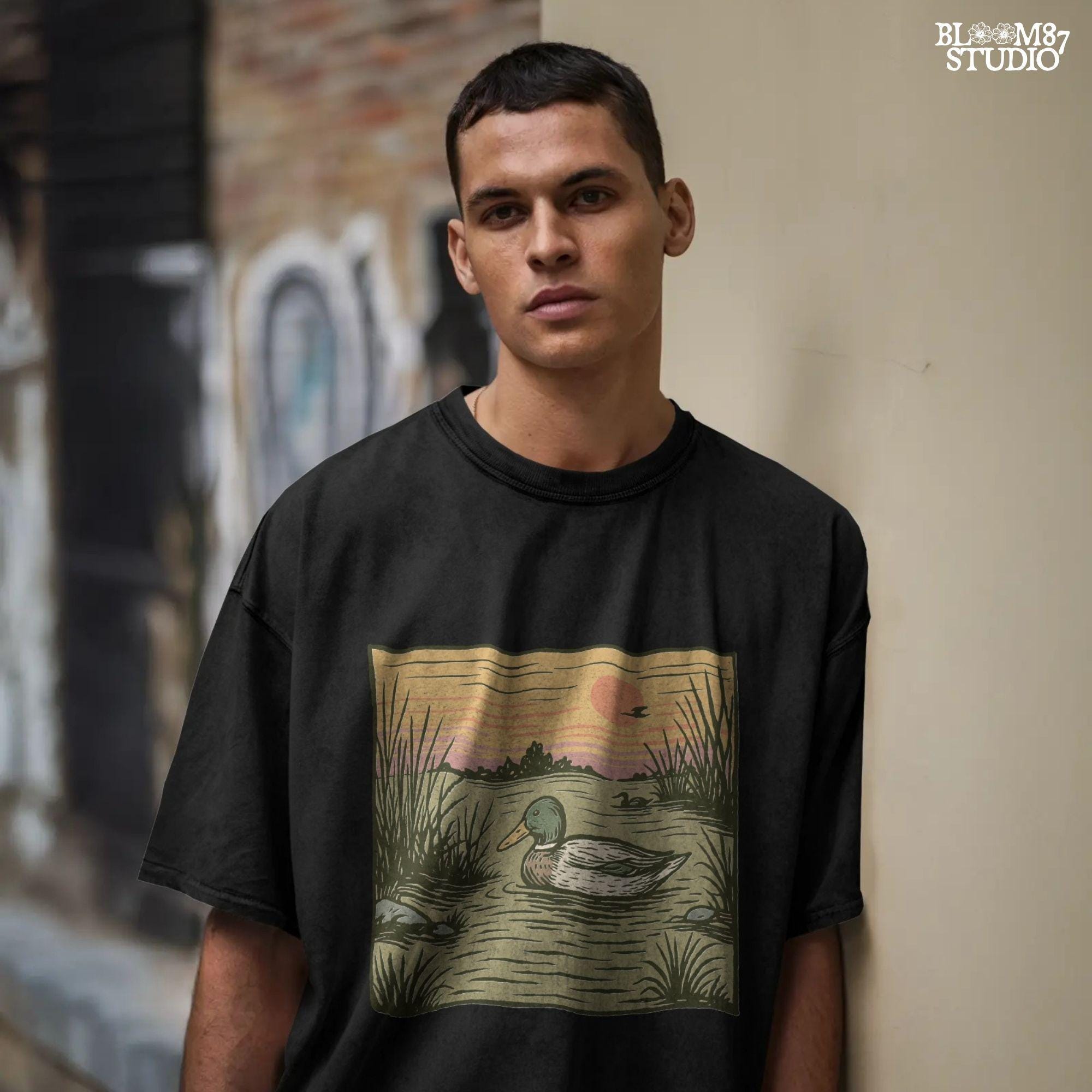 Illustration of a mallard duck swimming in a quiet pond at sunset, surrounded by reeds and a peaceful landscape in warm fall tones.