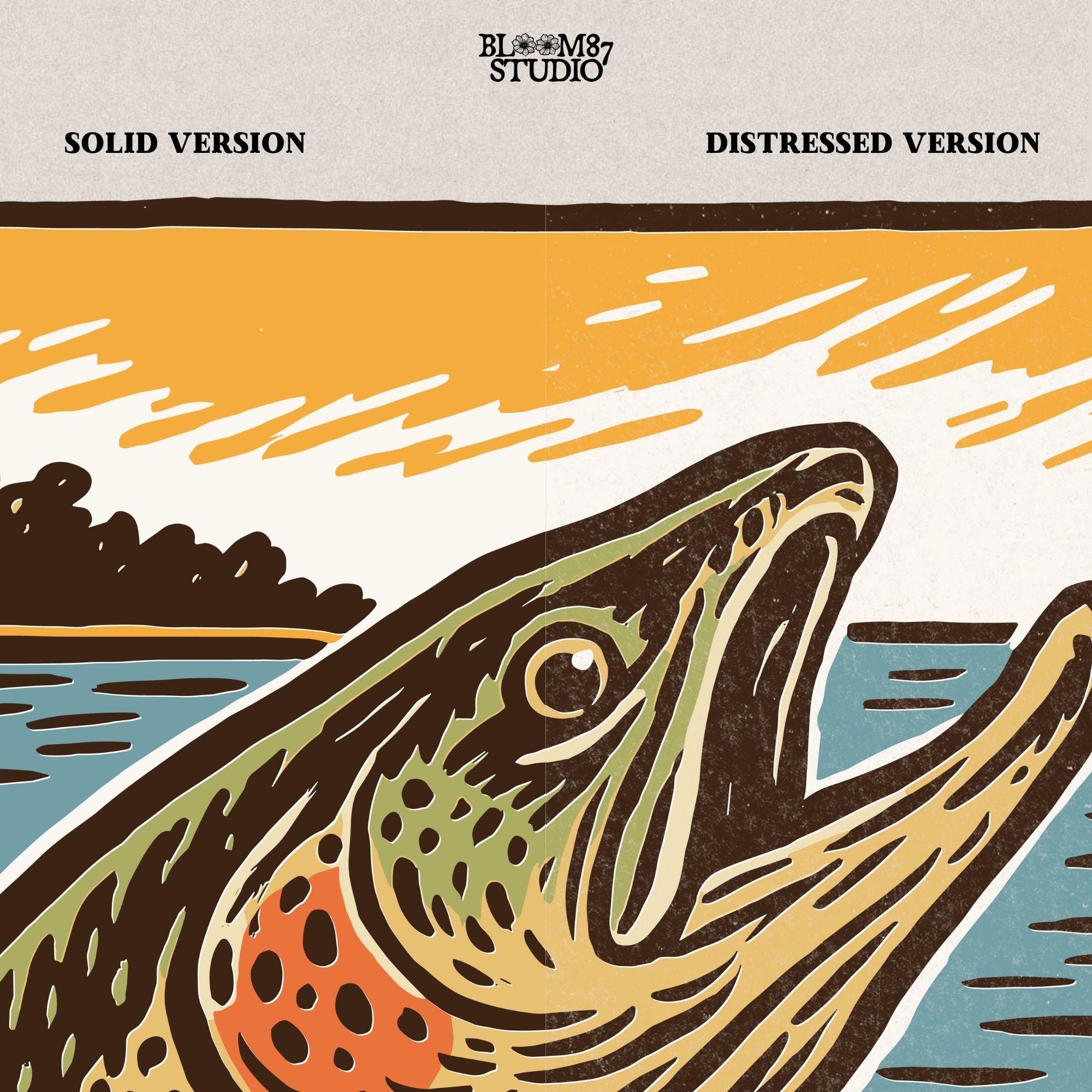 Vintage woodcut-style illustration of a trout fish leaping from the water at sunset, with a bold orange sky and retro color palette.