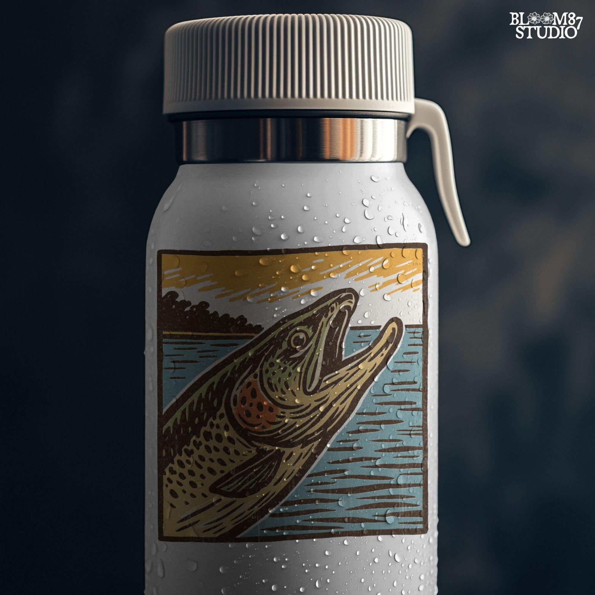 Vintage woodcut-style illustration of a trout fish leaping from the water at sunset, with a bold orange sky and retro color palette.