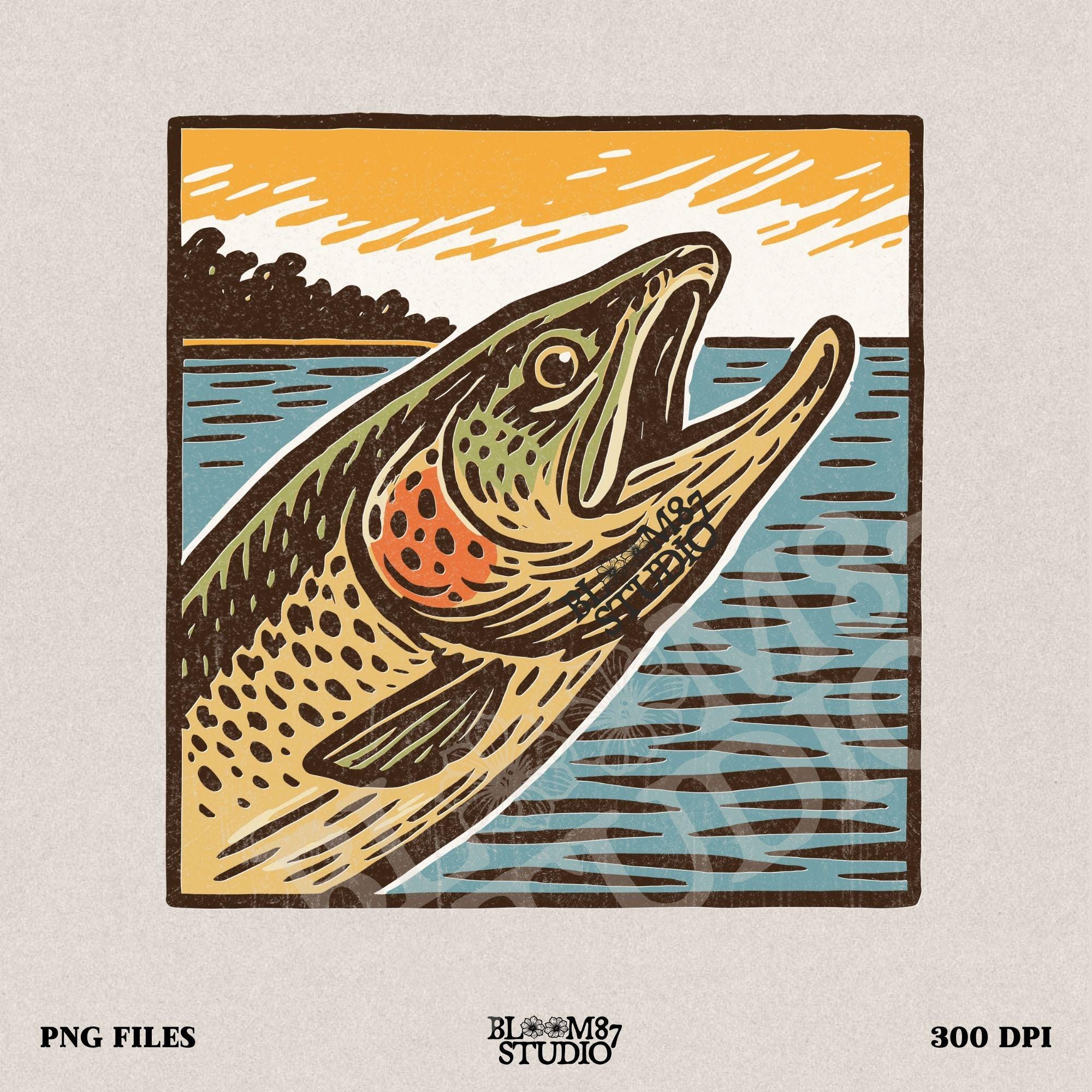 Vintage woodcut-style illustration of a trout fish leaping from the water at sunset, with a bold orange sky and retro color palette.