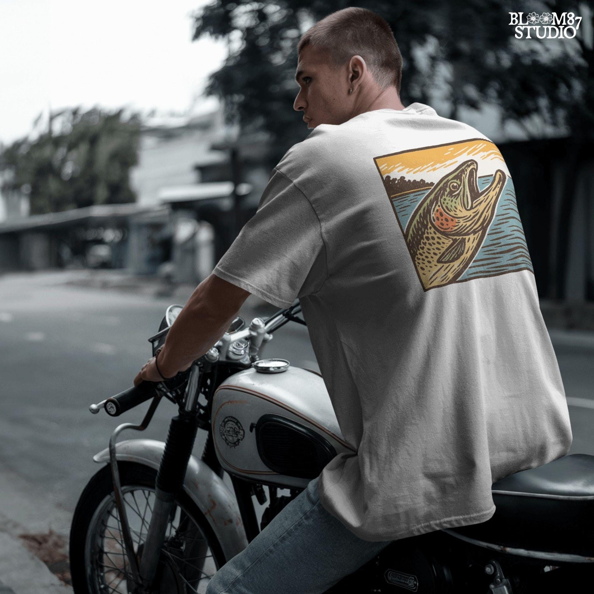 Vintage woodcut-style illustration of a trout fish leaping from the water at sunset, with a bold orange sky and retro color palette.