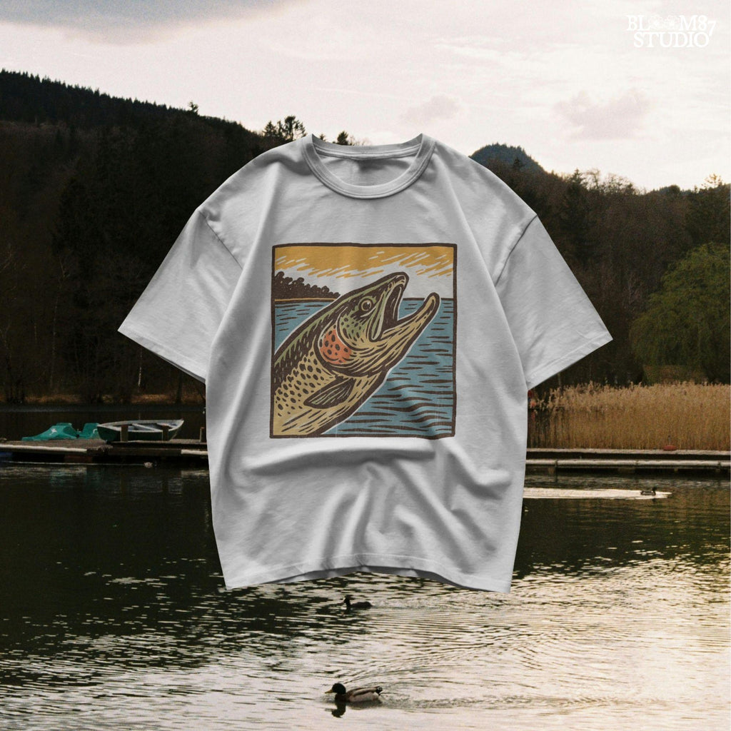 Vintage woodcut-style illustration of a trout fish leaping from the water at sunset, with a bold orange sky and retro color palette.