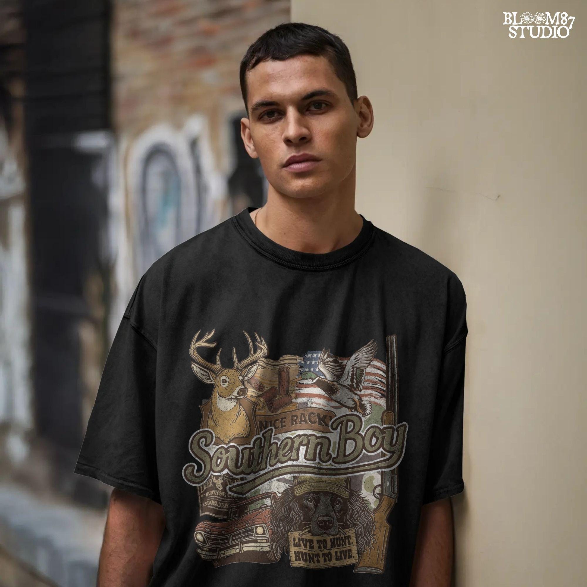 Collage-style design with deer, duck, hunting dog, vintage truck, shotgun, and camo background with the phrase “Southern Boy” in bold script.