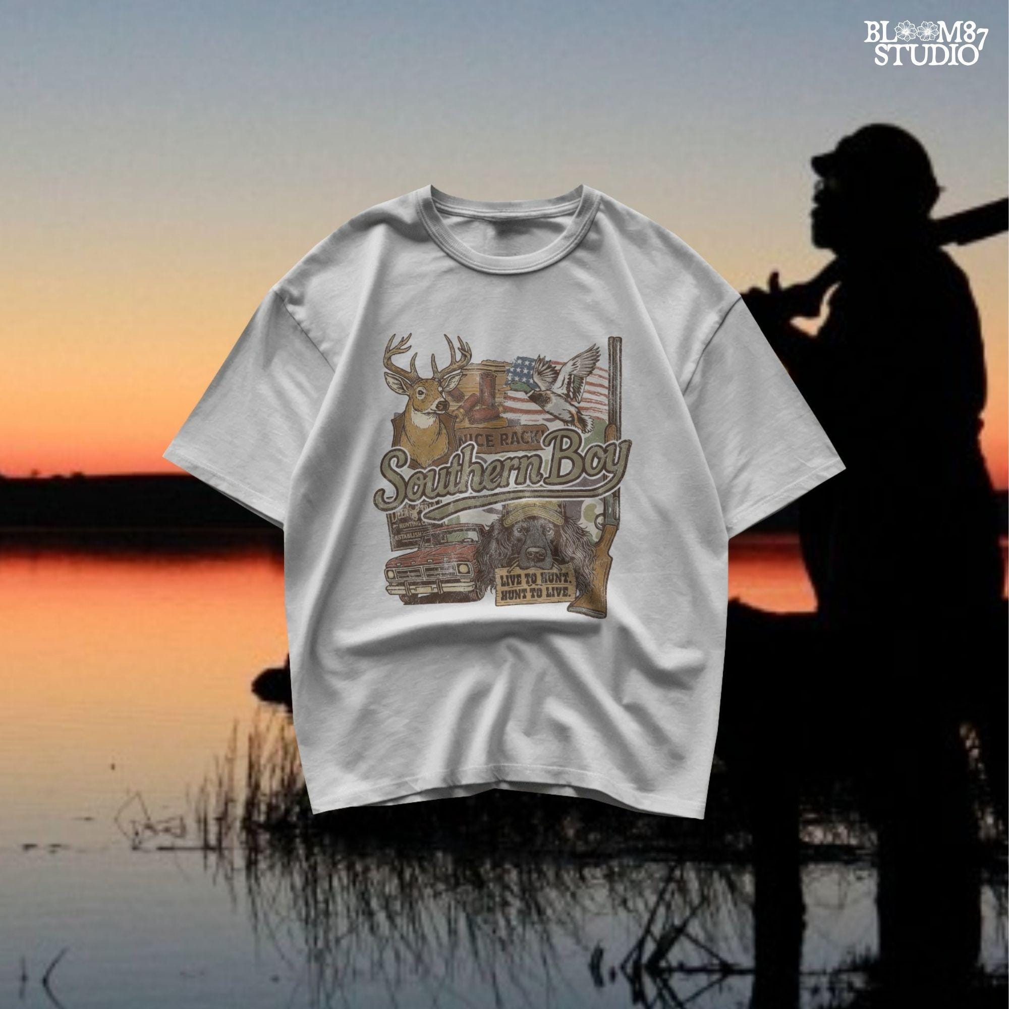 Collage-style design with deer, duck, hunting dog, vintage truck, shotgun, and camo background with the phrase “Southern Boy” in bold script.