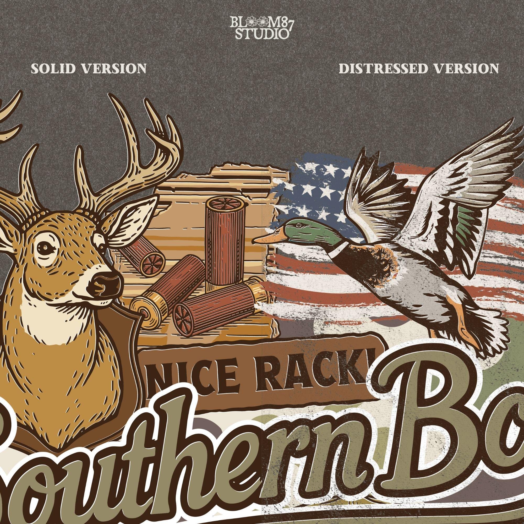 Collage-style design with deer, duck, hunting dog, vintage truck, shotgun, and camo background with the phrase “Southern Boy” in bold script.