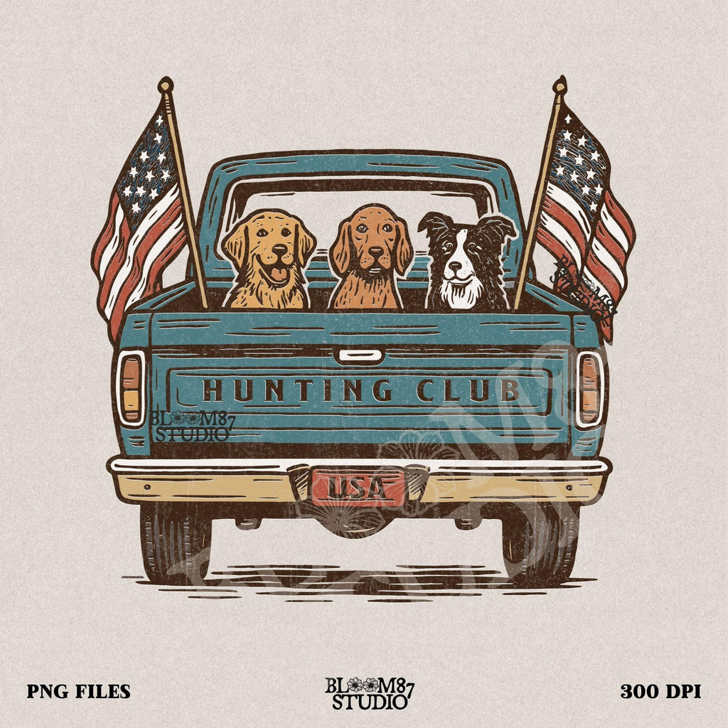 Three hunting dogs in the back of a blue vintage pickup truck with USA flags and “Hunting Club” text, patriotic hunting design for dog lovers.