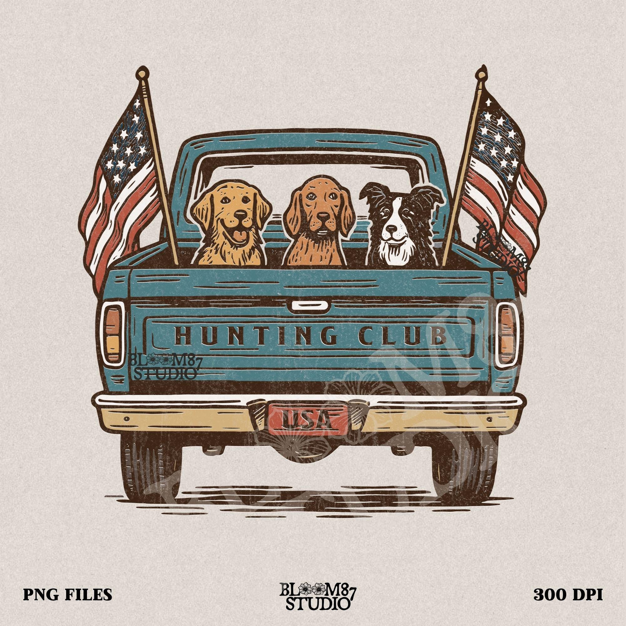 Three hunting dogs in the back of a blue vintage pickup truck with USA flags and “Hunting Club” text, patriotic hunting design for dog lovers.