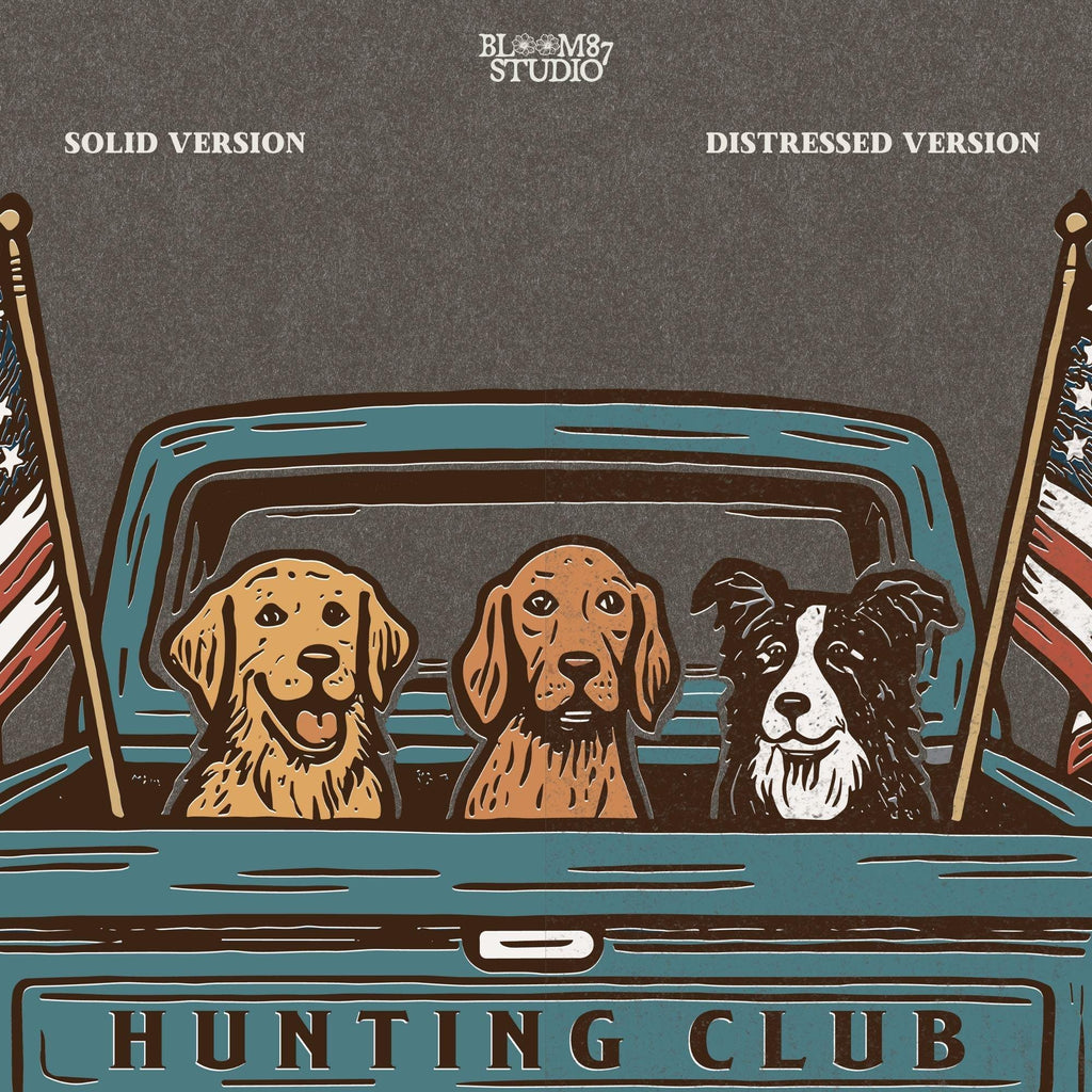 Three hunting dogs in the back of a blue vintage pickup truck with USA flags and “Hunting Club” text, patriotic hunting design for dog lovers.