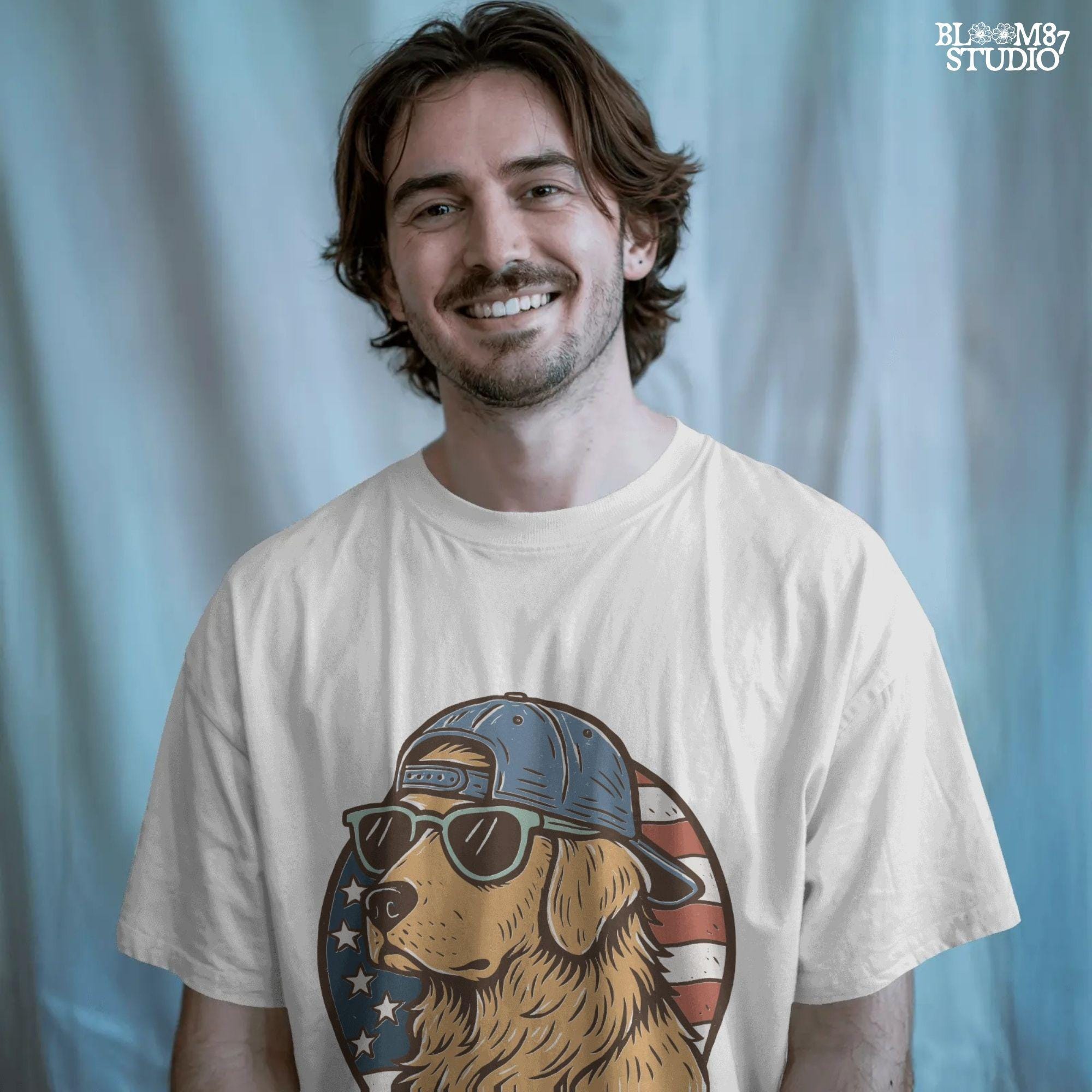 Cool golden retriever wearing sunglasses and a backwards cap in front of a circular American flag background.