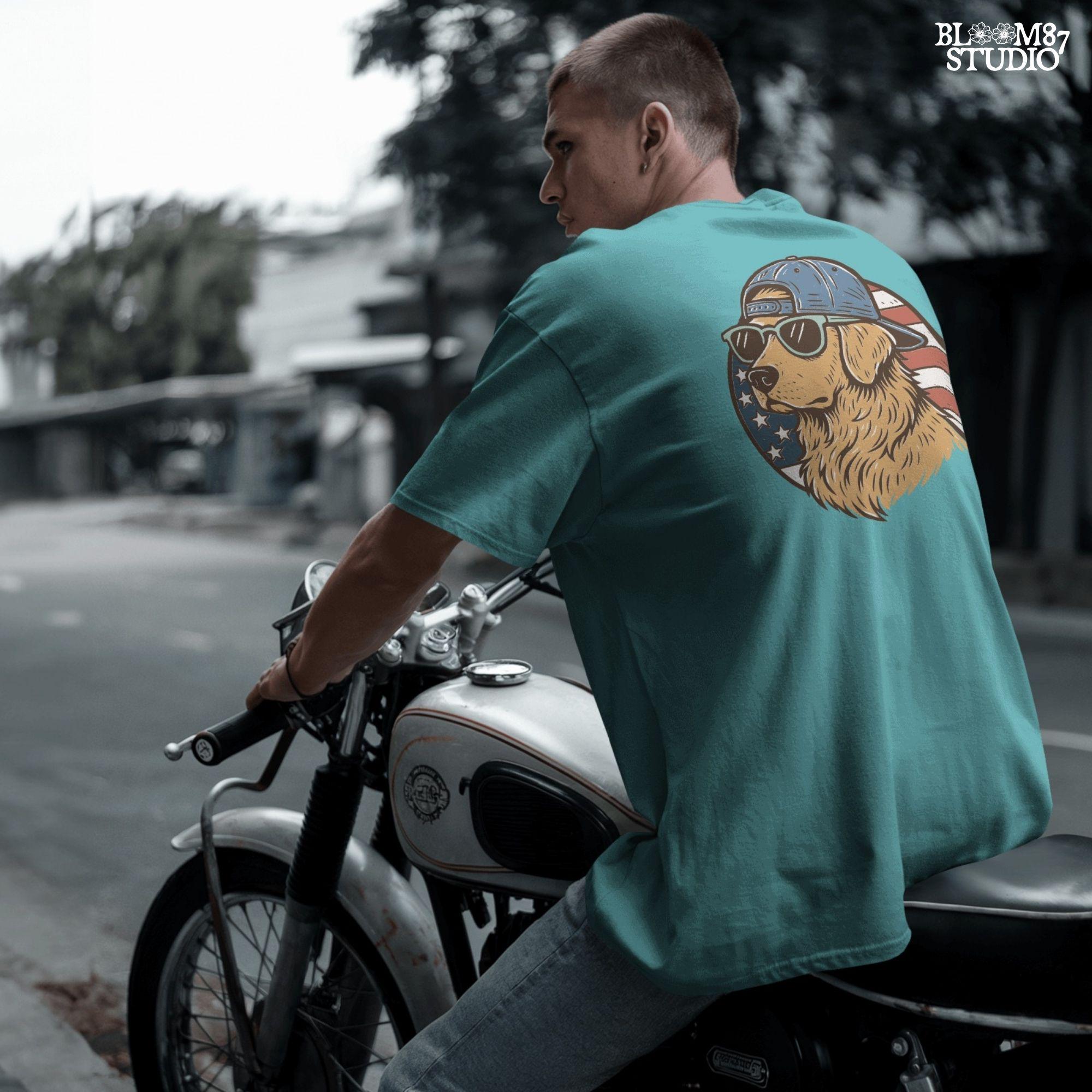 Cool golden retriever wearing sunglasses and a backwards cap in front of a circular American flag background.