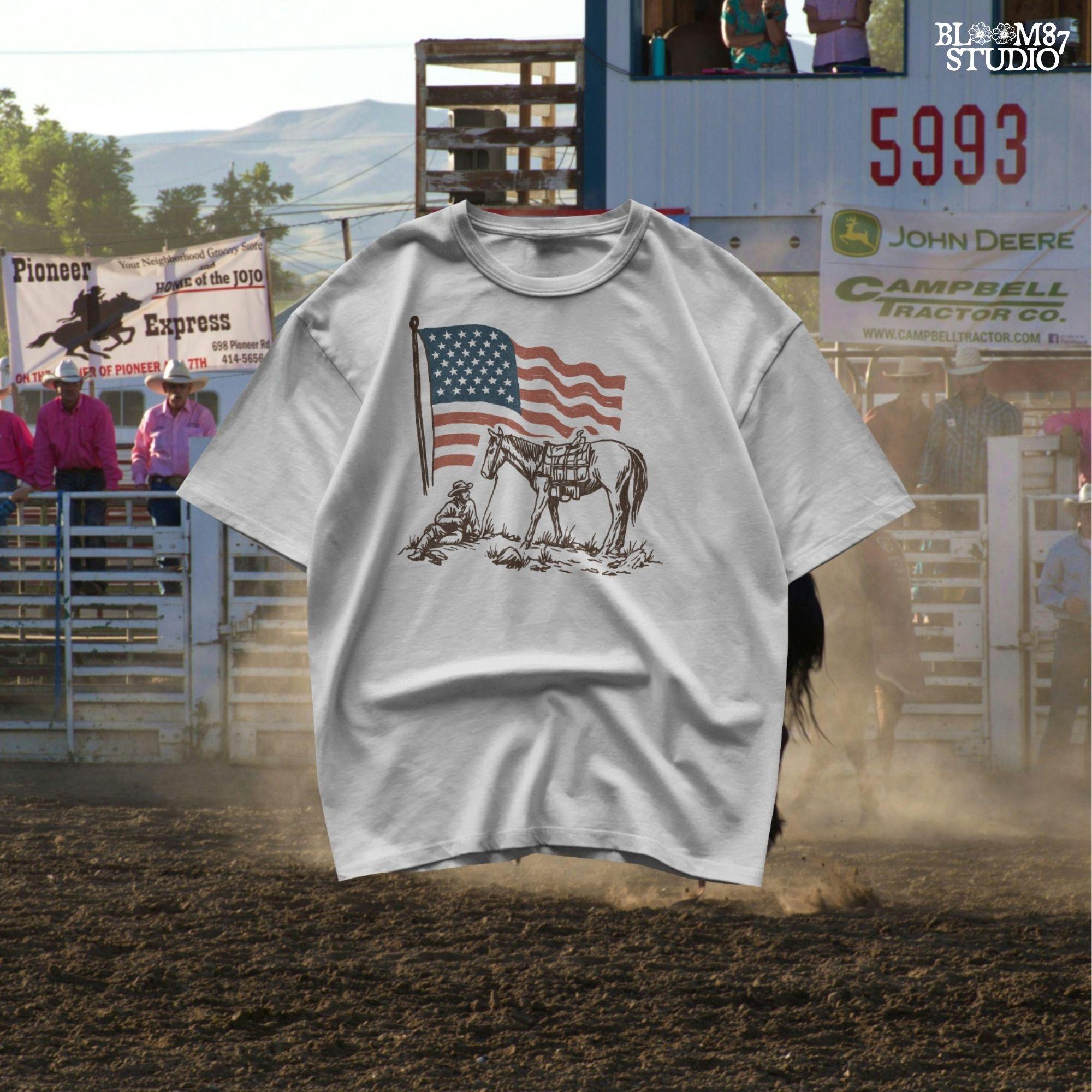 Vintage-style illustration of a cowboy sitting beside a saddled horse under a waving American flag.