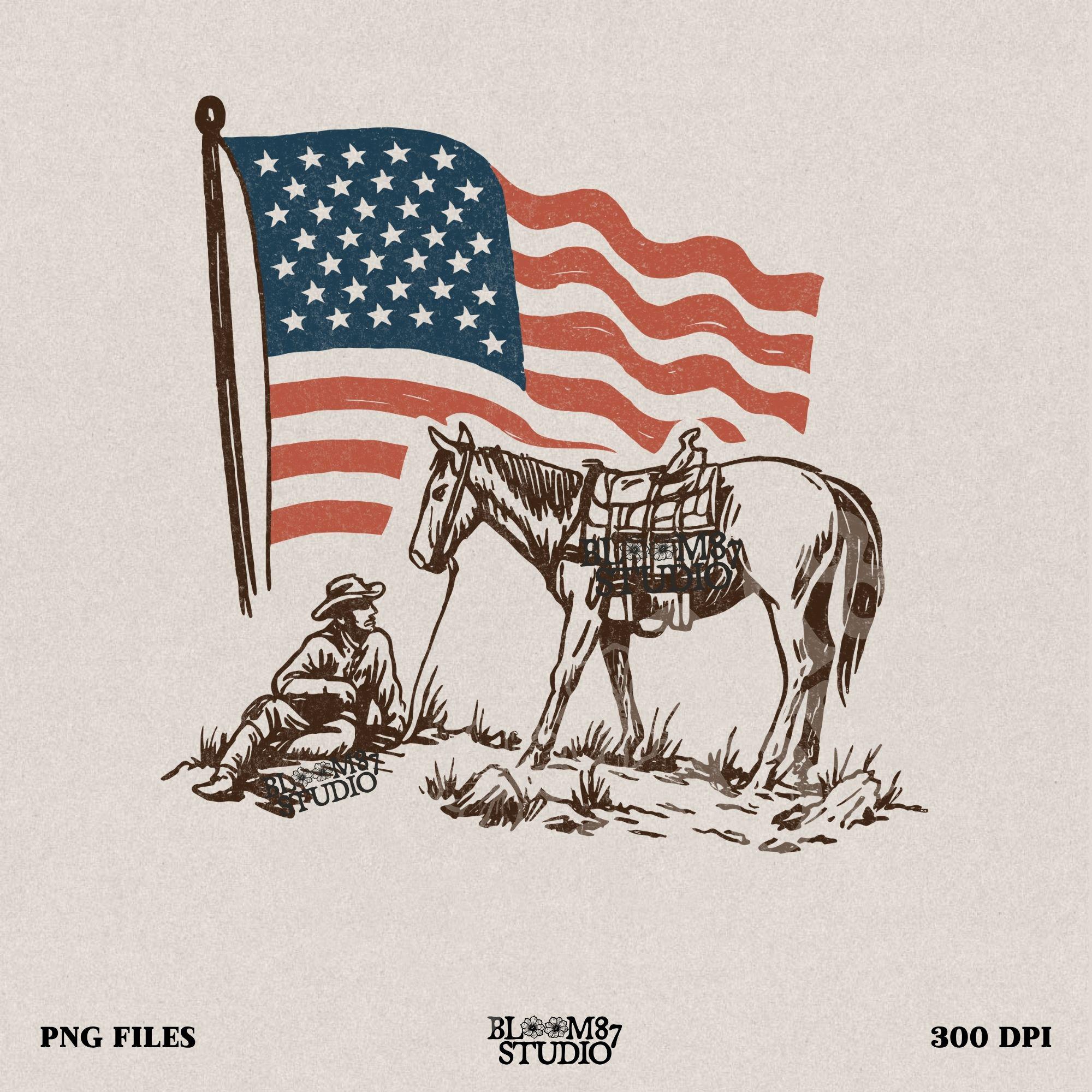 Vintage-style illustration of a cowboy sitting beside a saddled horse under a waving American flag.