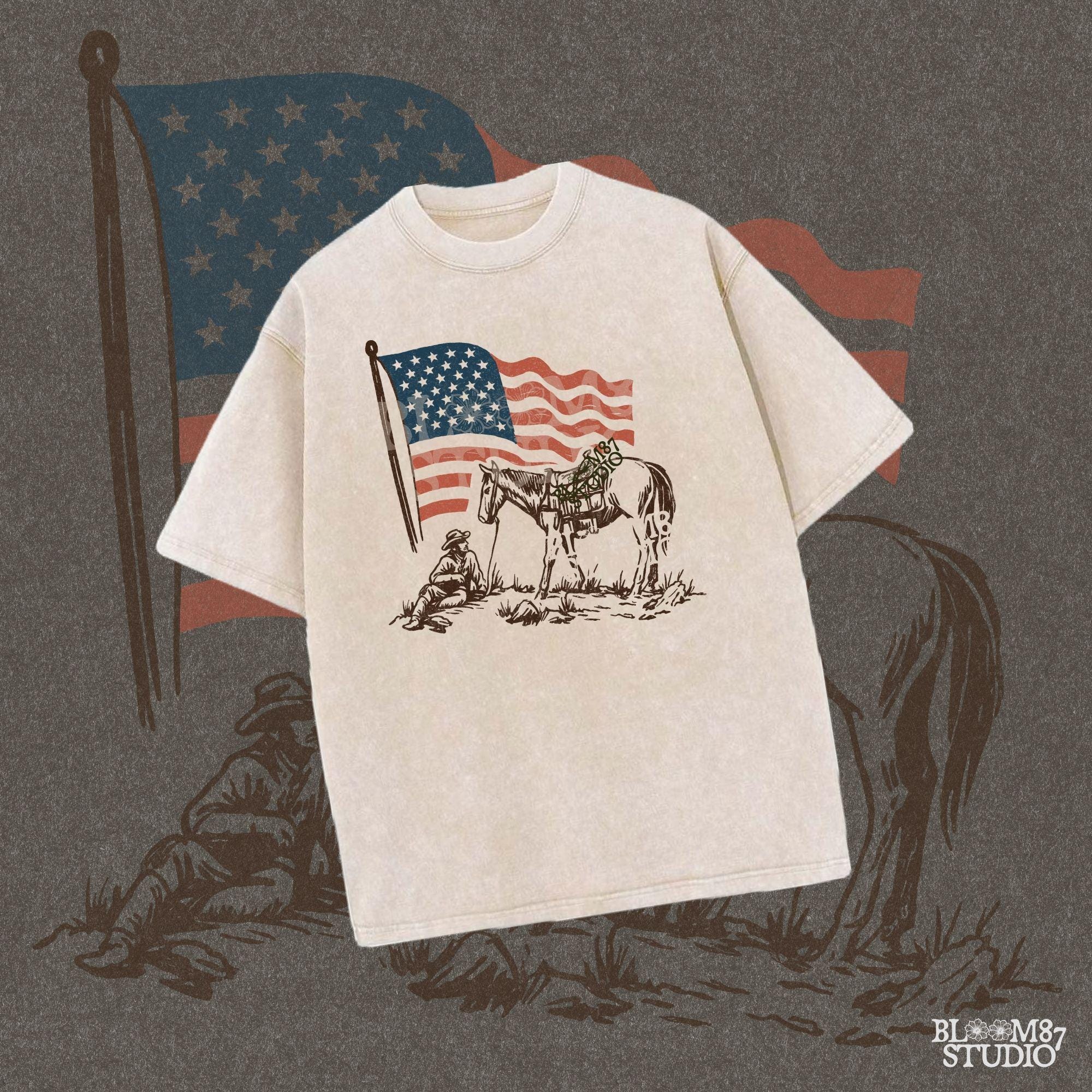 Vintage-style illustration of a cowboy sitting beside a saddled horse under a waving American flag.