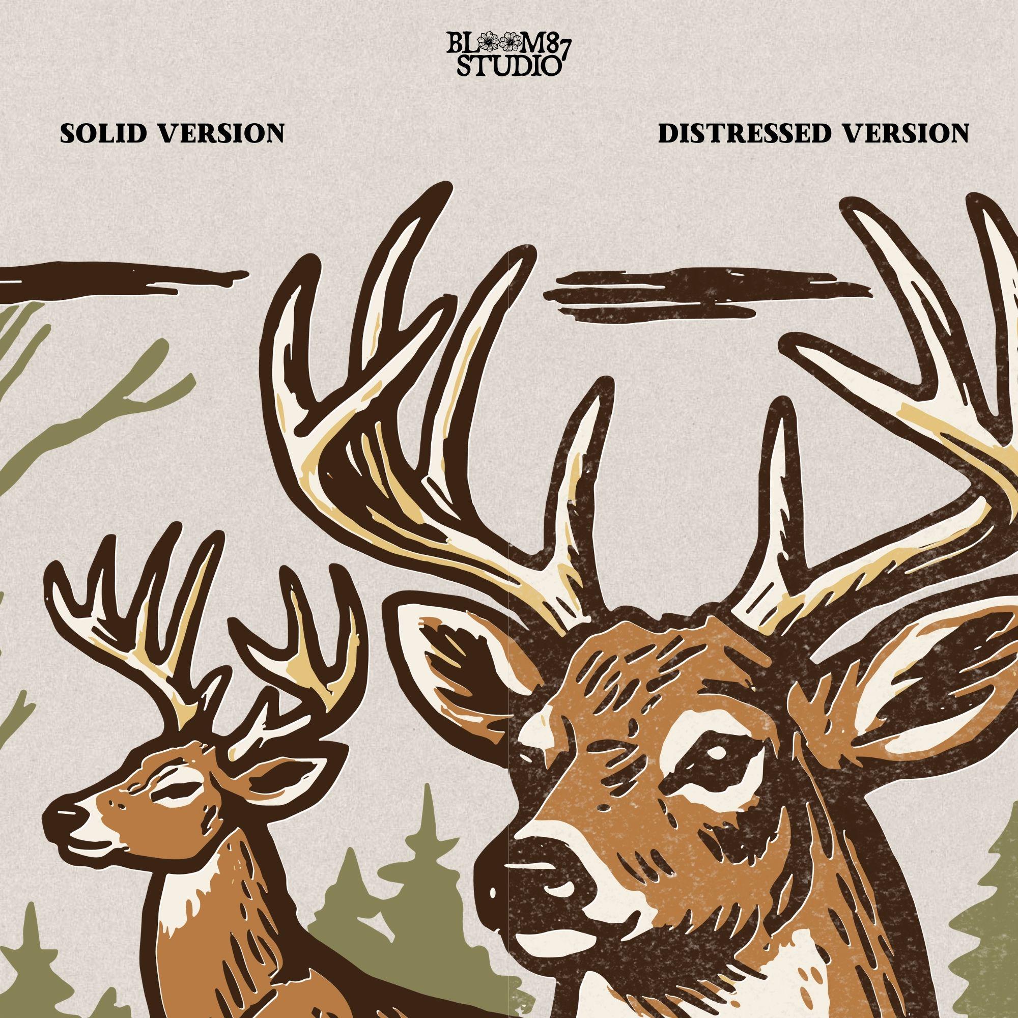 Hand-drawn illustration of two whitetail deer bucks in a forest, one seated and one alert in the background.