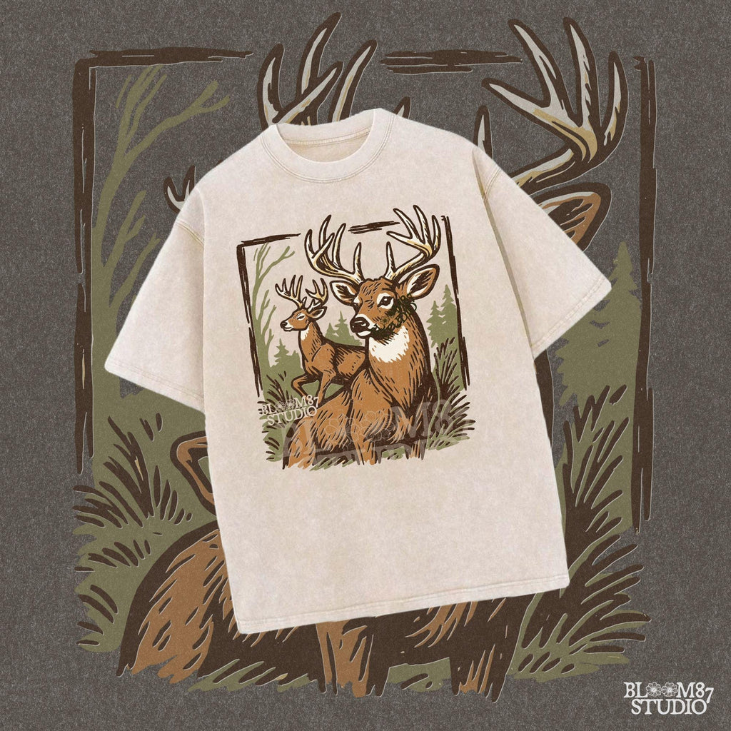 Hand-drawn illustration of two whitetail deer bucks in a forest, one seated and one alert in the background.