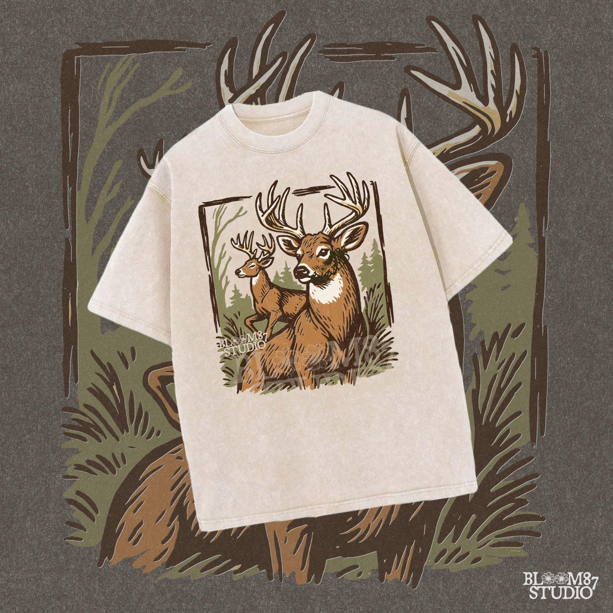 Hand-drawn illustration of two whitetail deer bucks in a forest, one seated and one alert in the background.